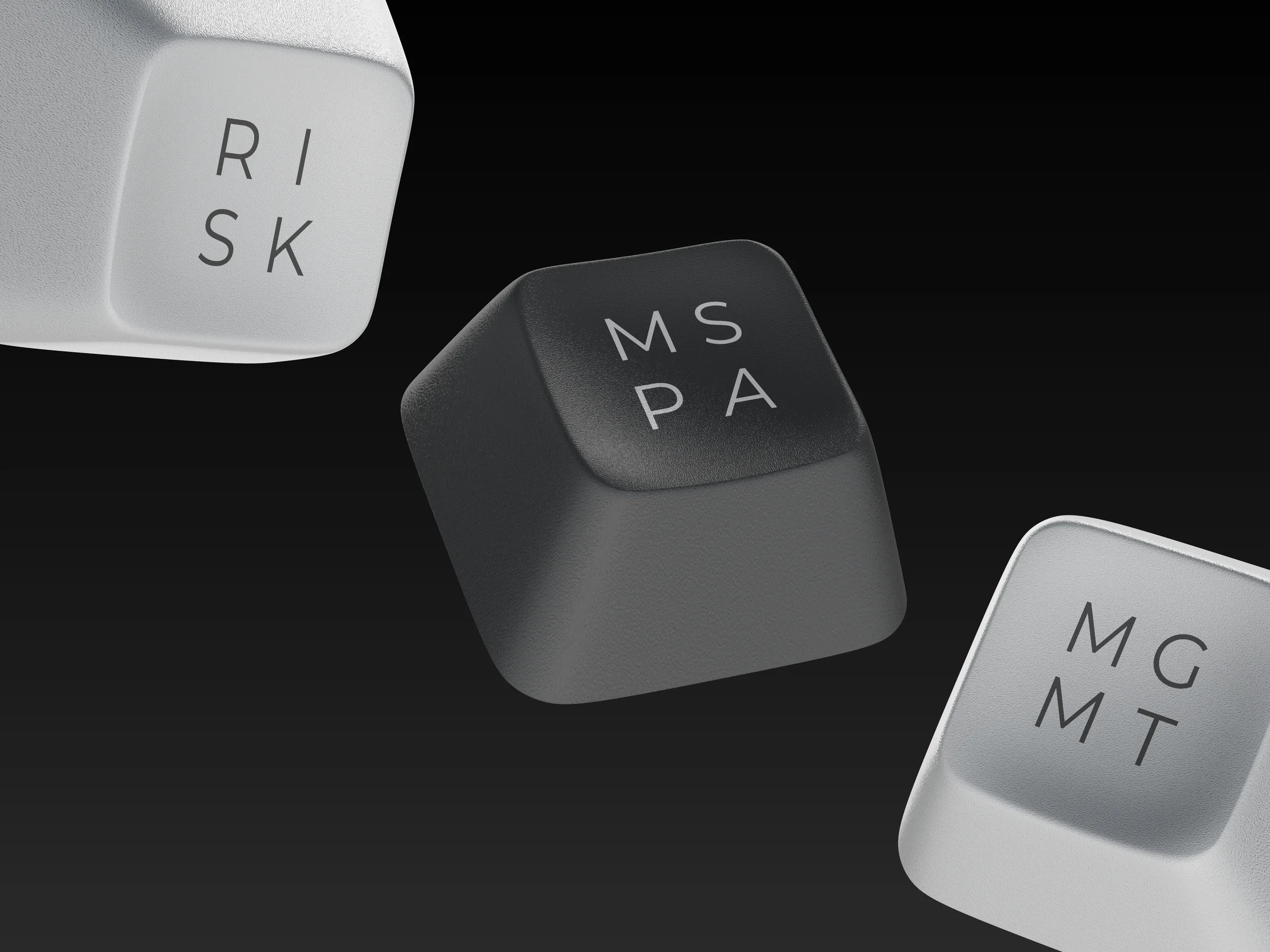 Close-up of keyboard keys with abbreviations for keyboard shortcuts: 'RisK' on a white key, 'MSPA' on a black key, and 'M G M T' on a white key, floating against a black background.