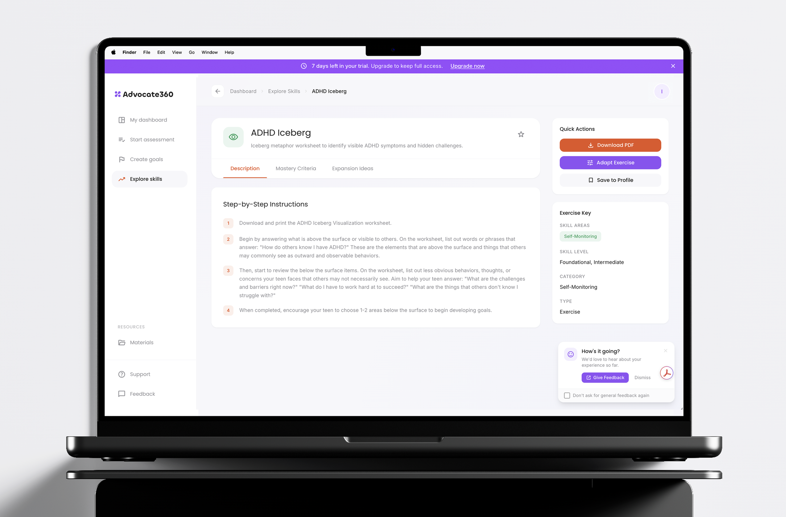 Laptop screen displaying an online platform with a skill named ADHD Iceberg, including step-by-step instructions, quick actions, exercise key, and feedback popup