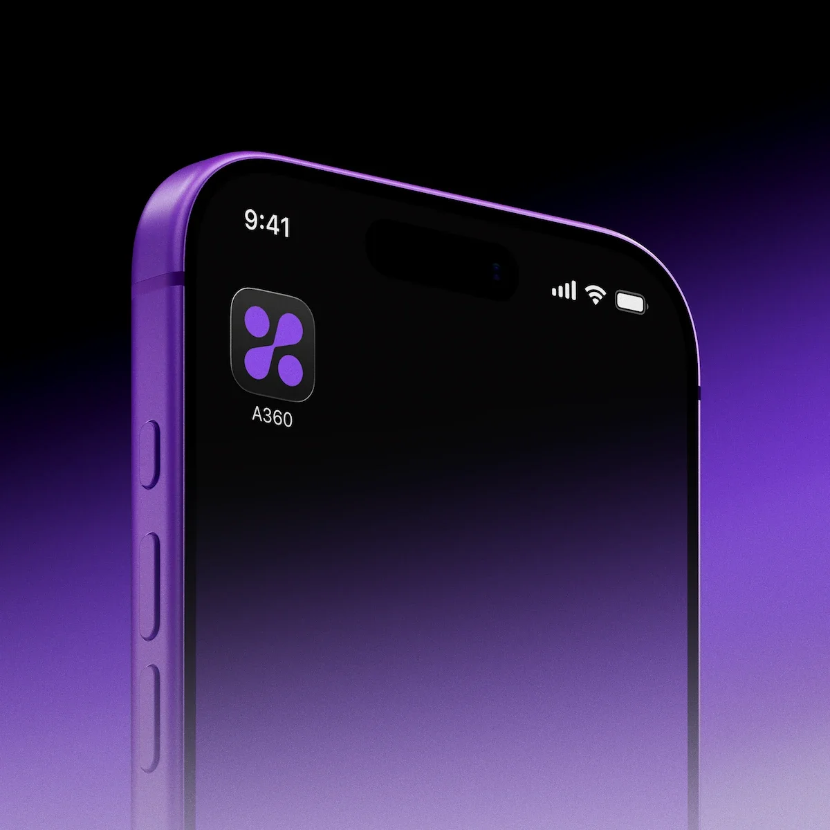 Close-up of a purple iPhone with the screen showing a logo for the A360 app, digital time display, and status icons.
