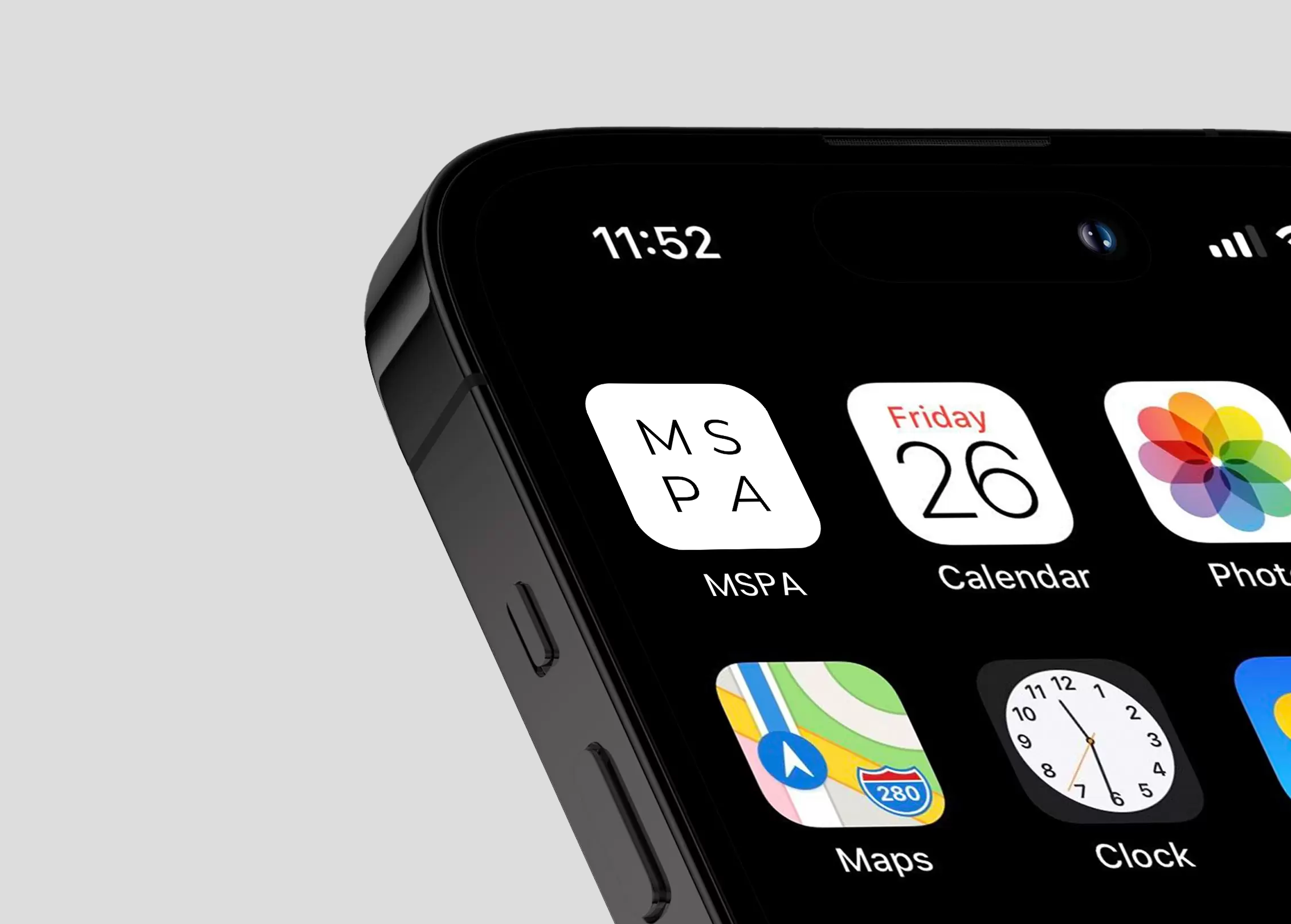 Close-up of a smartphone screen displaying various app icons including Calendar, Photos, Maps, and Clock, with the time shown as 11:52.