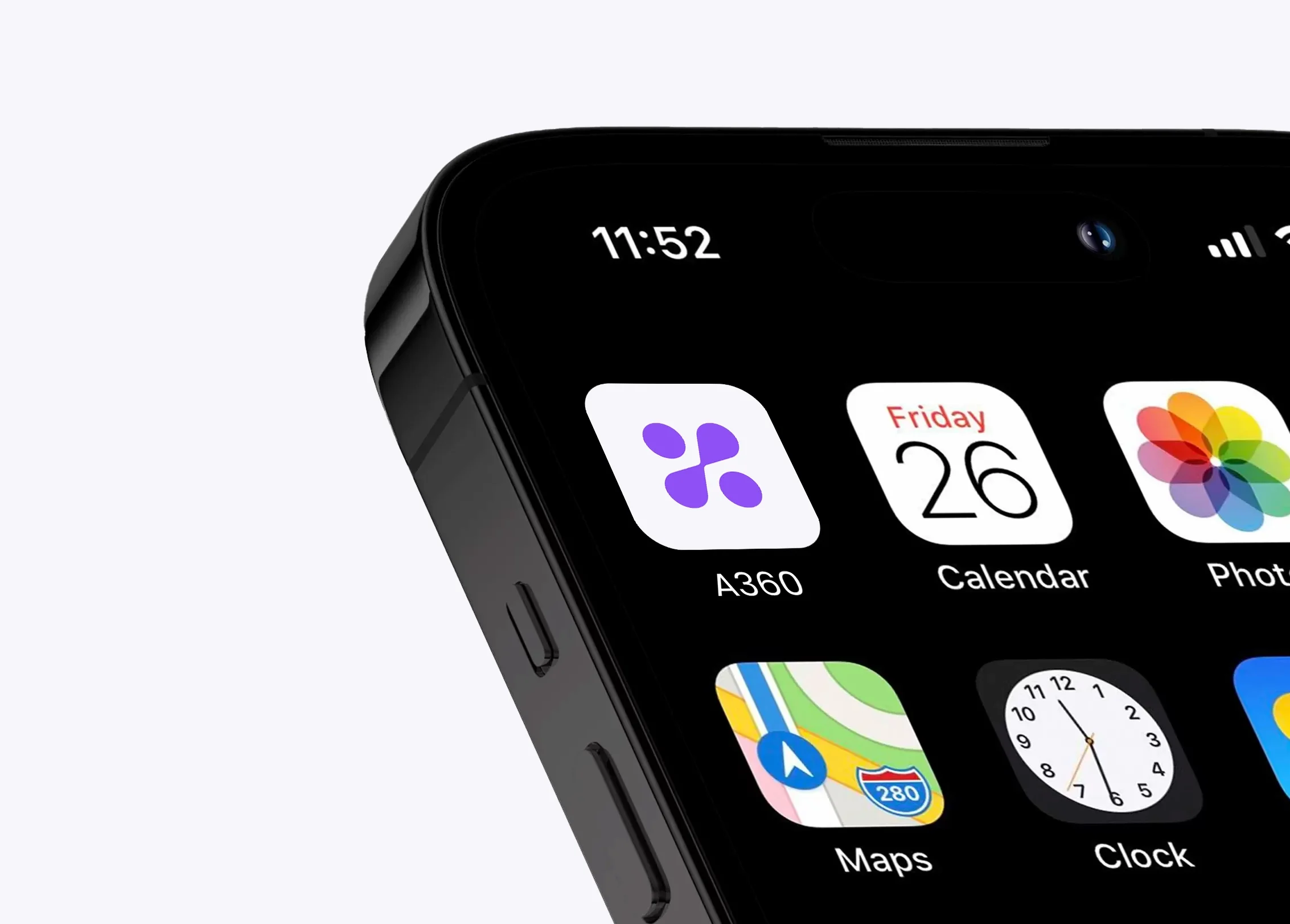 Close-up of an iPhone screen showing app icons including A360, Calendar, Photos, Maps, and Clock, with the time 11:52 displayed in the top left corner.