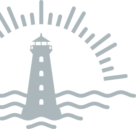 Light-gray lighthouse silhouette with radiating beams above stylized waves