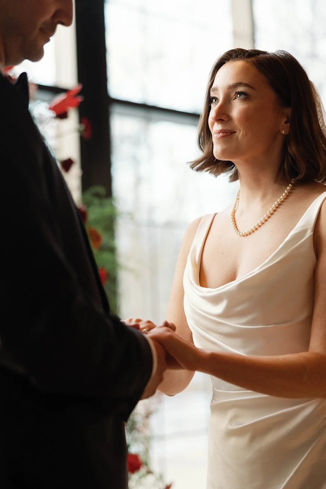 bride romantically looking at groom