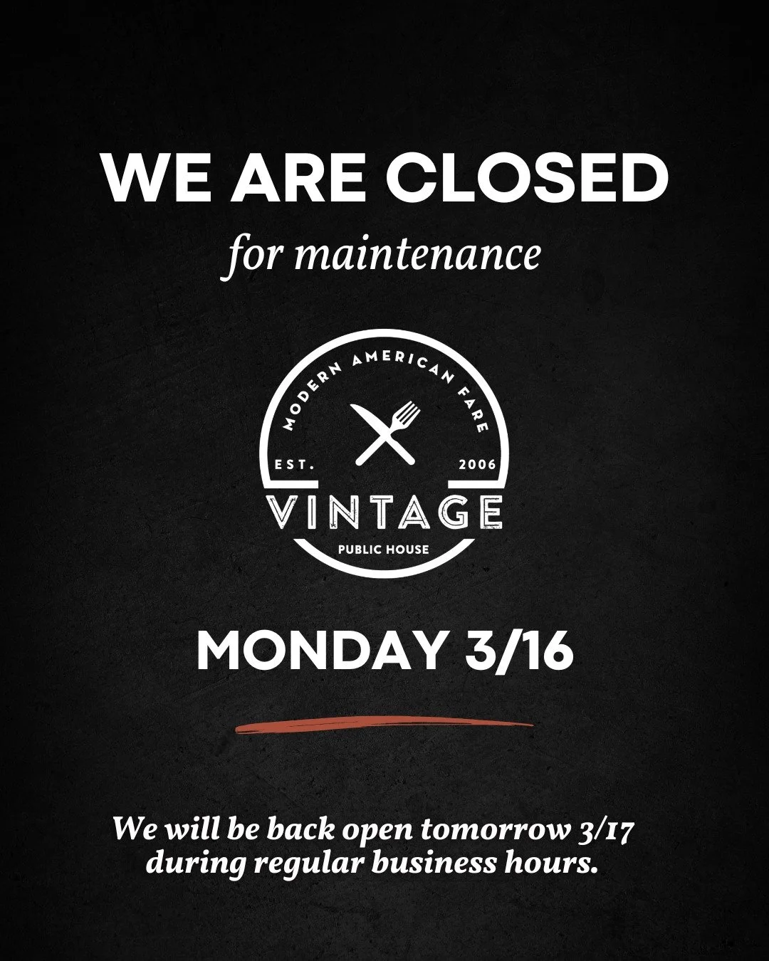 Quick update, friends 🛠️
ㅤ
Vintage Public House is closed today (3/16) for maintenance while we take care of a few things behind the scenes.
ㅤ
We&rsquo;ll be back tomorrow and ready to serve you. Thanks for your understanding and we&rsquo;ll see you