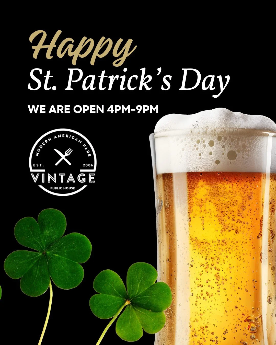 Cheers to St. Patrick&rsquo;s Day! 🍀🍻
ㅤ
Raise a glass, grab your crew, and celebrate the luck of the Irish with great food, cold beer, and handcrafted cocktails at Vintage.
ㅤ
Sl&aacute;inte to good times and even better company.