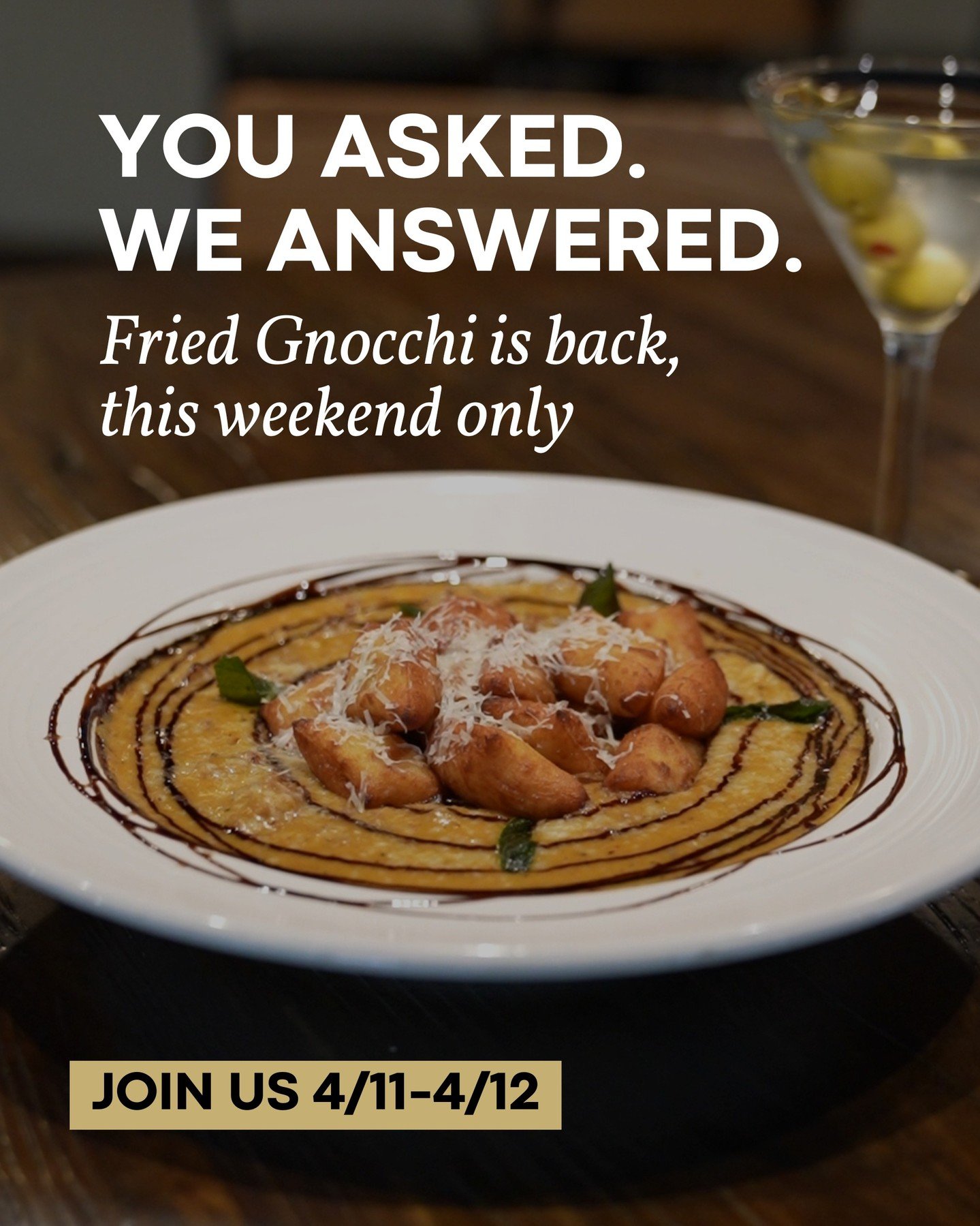PSA: your favorite is making a comeback. 🍽️
ㅤ
Fried Gnocchi is back as a special this weekend only. Crispy, golden, and exactly how you remember it.
ㅤ
If you&rsquo;ve been waiting for this one, now&rsquo;s your chance. Join us 4/11&ndash;4/12 and gr
