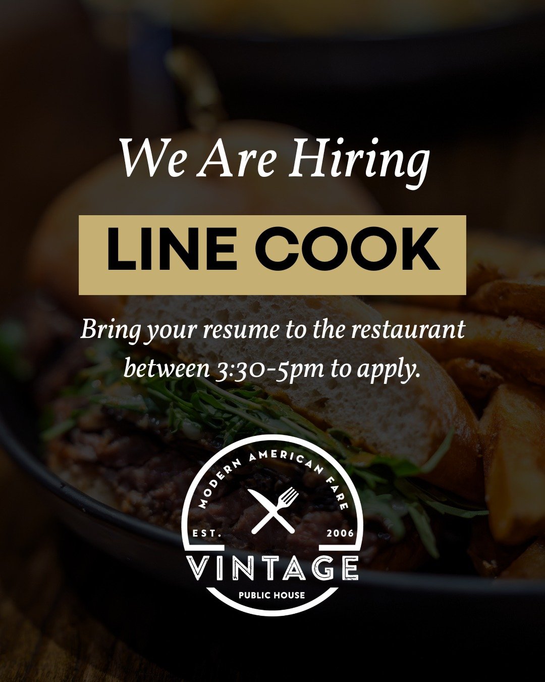 We&rsquo;re hiring in the kitchen. 🔥🍽️
ㅤ
Vintage Public House is looking for an experienced Line Cook to join our team. We&rsquo;re looking for someone with at least 3 years of experience in a fast paced full service restaurant who can handle saut&