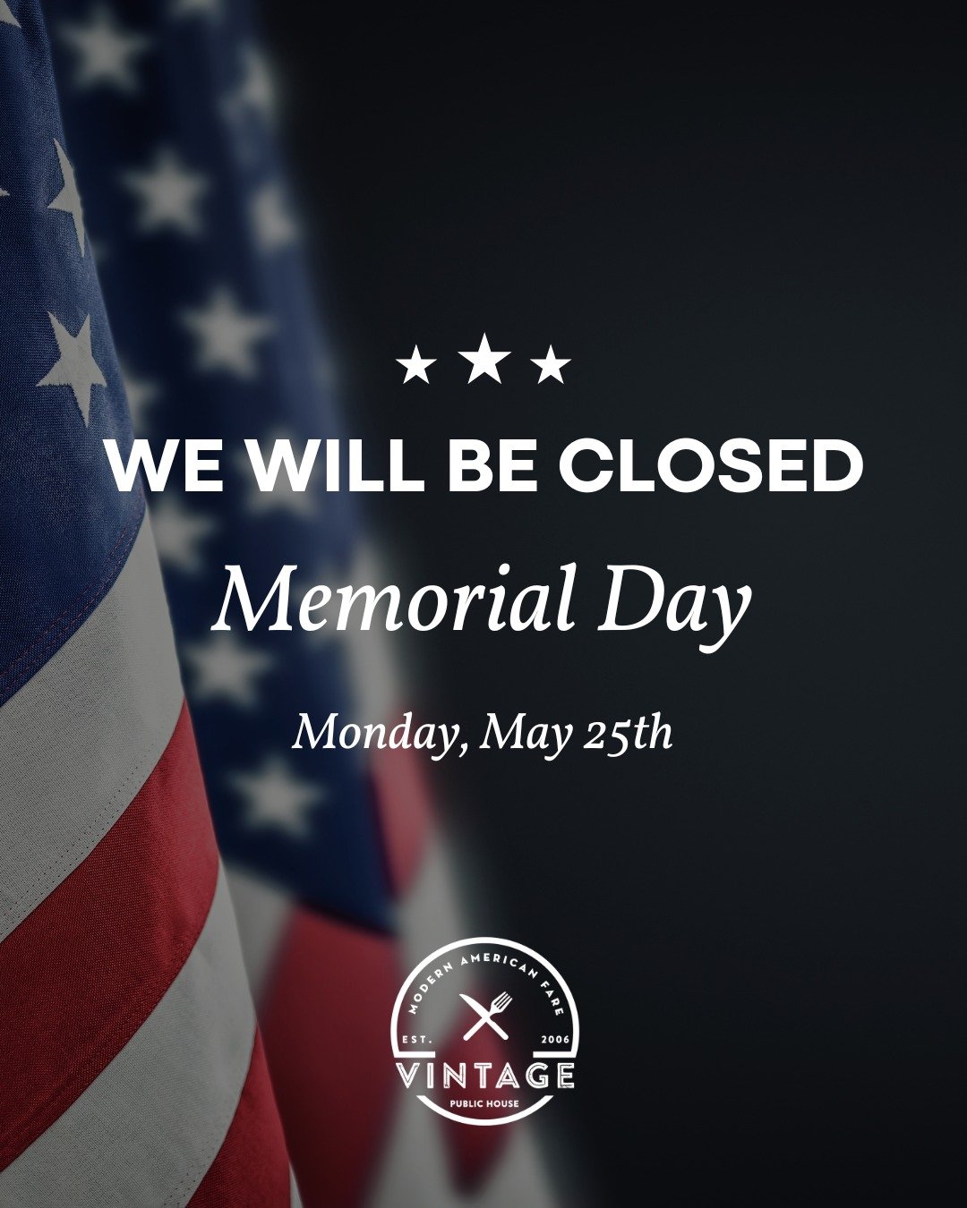 We are closed this Monday for Memorial Day 🇺🇸
Thank you to all who served. We'll be open again on Tuesday at 4pm.

#VintagePublicHouse #MemorialDay #DowntownRedding #ReddingCA