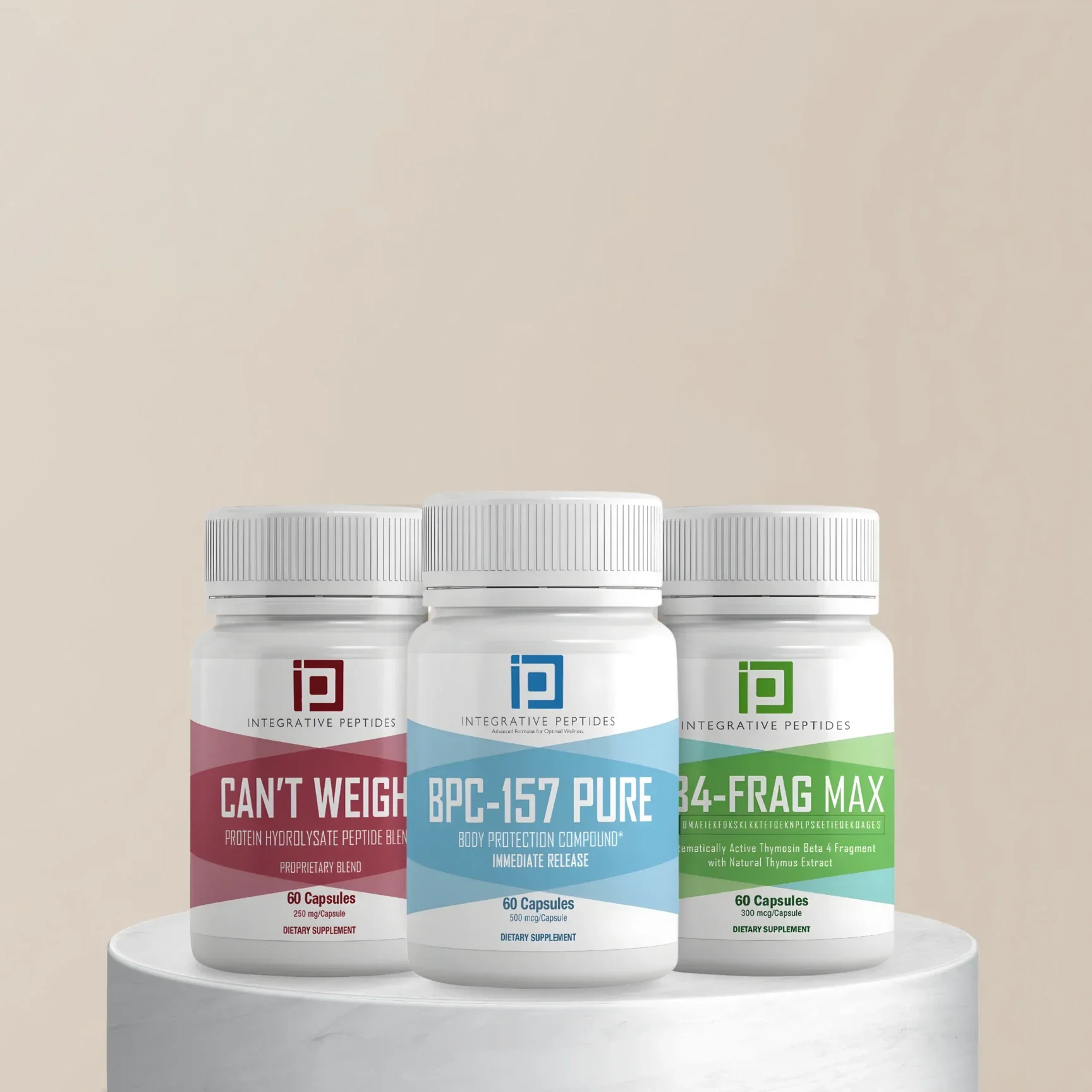 Three bottles of dietary supplements, labeled as protein hydrolysate peptide blend, body protection compound, and natural Thymus extract, each with their own distinct colors and labels, placed on a white circular platform against a beige background.