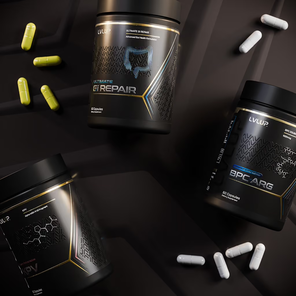 Three black bottles of dietary supplements with chemical or molecular diagrams on the labels and scattered white and yellow capsules on a dark surface.