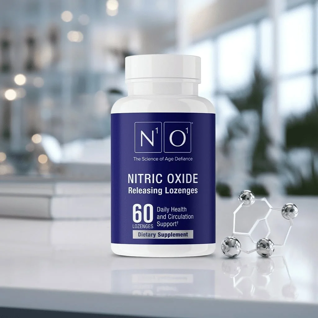 A bottle of NO Nitric Oxide Releasing Lozenges on a white surface next to a molecular model, with a blurred modern indoor setting in the background.