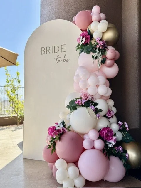 bridal shower pink floral balloon backdrop