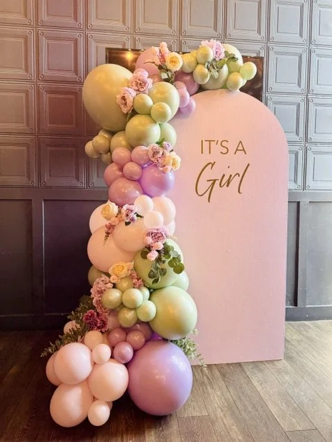 girl baby shower pink florals balloon display