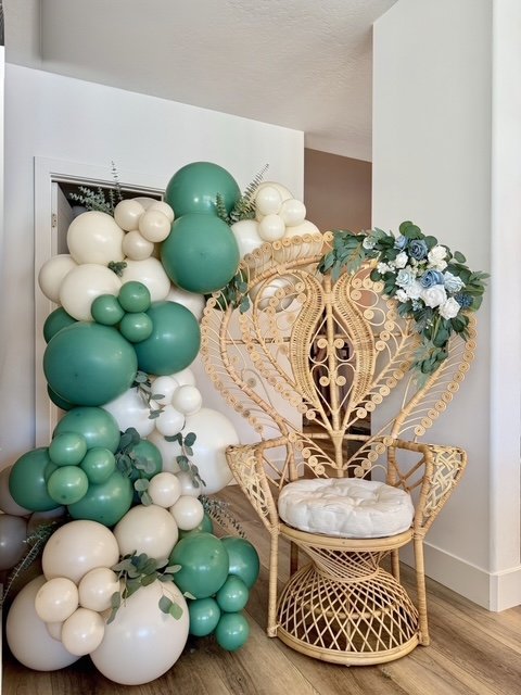 bridal shower peacock chair balloon display