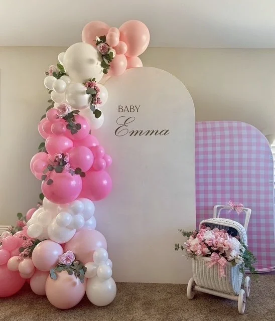 baby shower pink floral balloon backdrop baby carriage