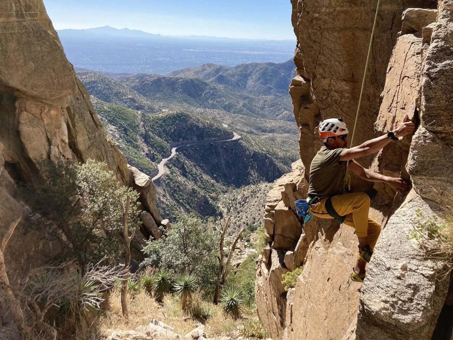 Climber on a Mount Lemmon route overlooking the Catalina Highway.