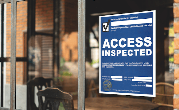 California Disability Access Inspection Certificate displayed at a commercial property