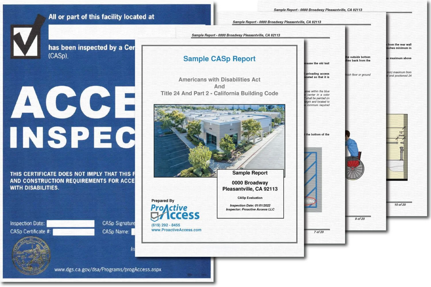 Collection of documents including a blue "Accessibility Inspection" certificate and a CASp Report.
