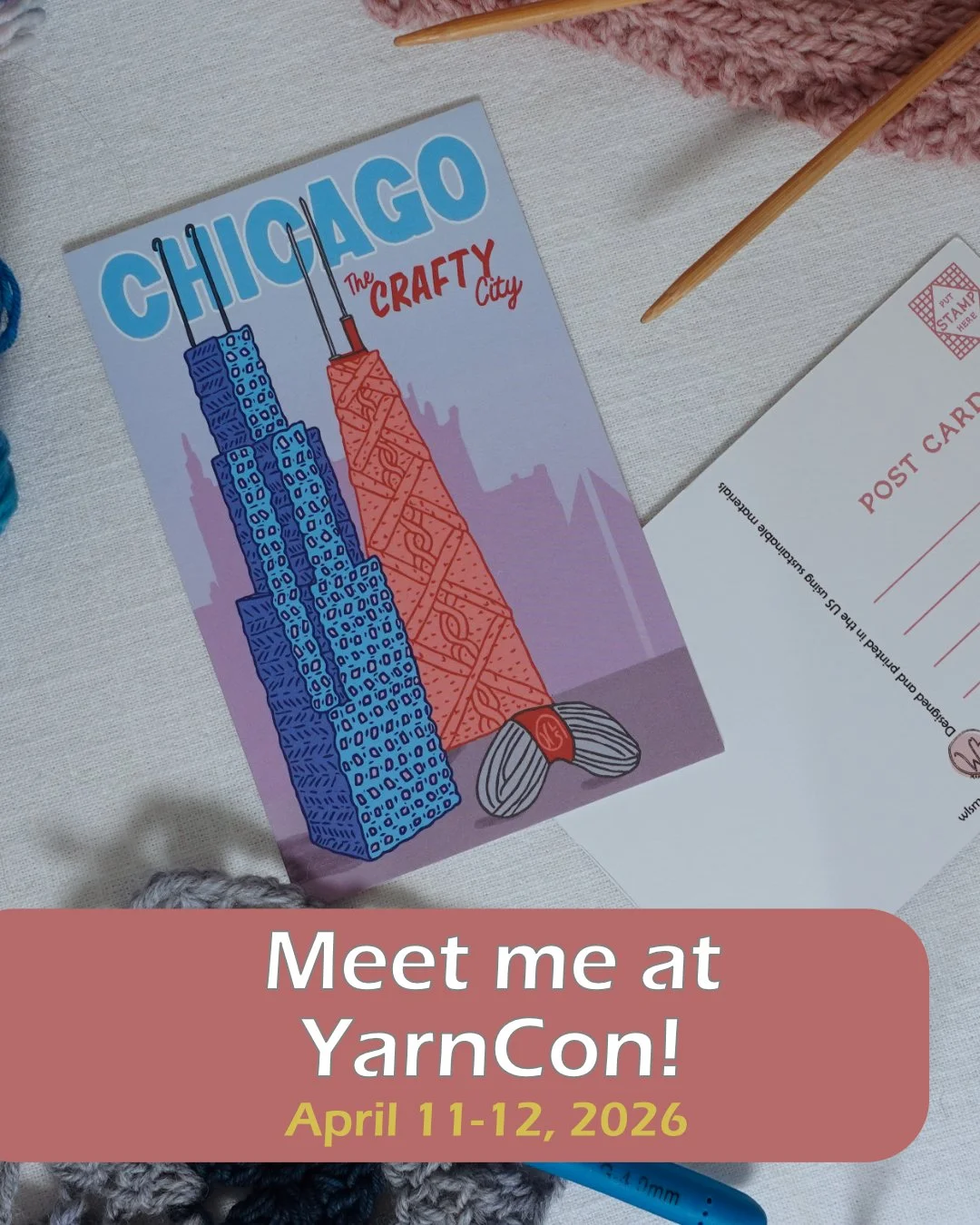ICYMI, I'll be vending at @yarncon this year! The festival takes place on April 11 and 12 at Plumbers Union Hall in Chicago. I'm very excited to be vending at my "home" festival!⁣
⁣
Today I'd like to highlight my show exclusive postcard for