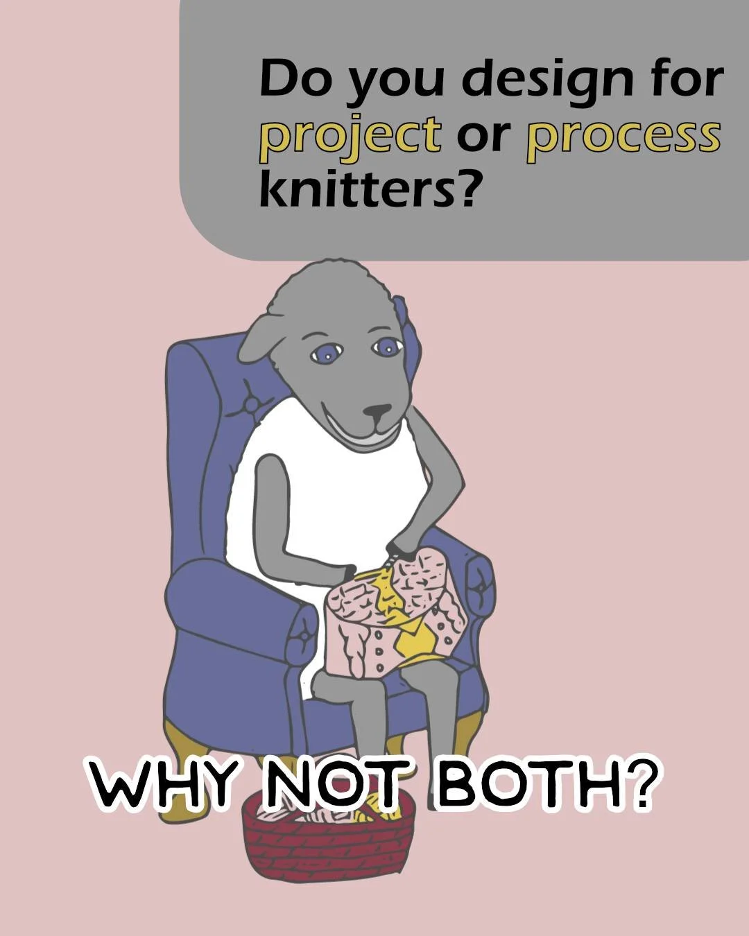 Most of us knitters are familiar with the idea of a project knit (knitting to get the finished product) vs. a process knit (knitting for the fun of making the product), and most of us probably fall on a different part of the scale depending on what w