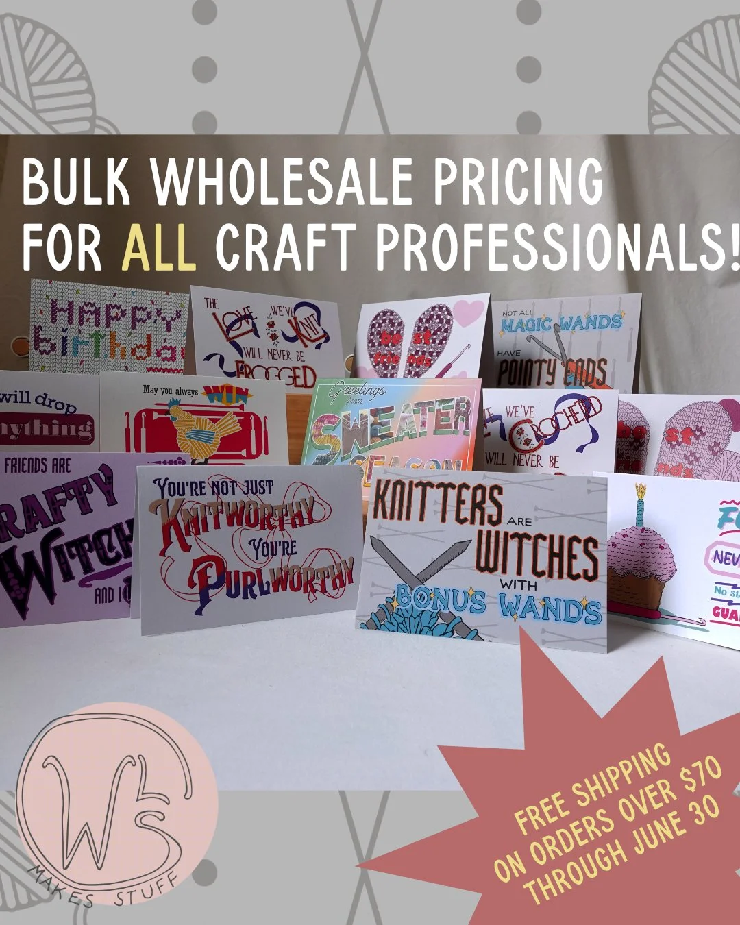 Did you know WLS Makes Stuff stationery offer bulk wholesale pricing to ANY craft industry professional based in the US? You don't need to own a brick and mortar shop - designers, tech editors, online yarn dyers and anyone else working in the craft i