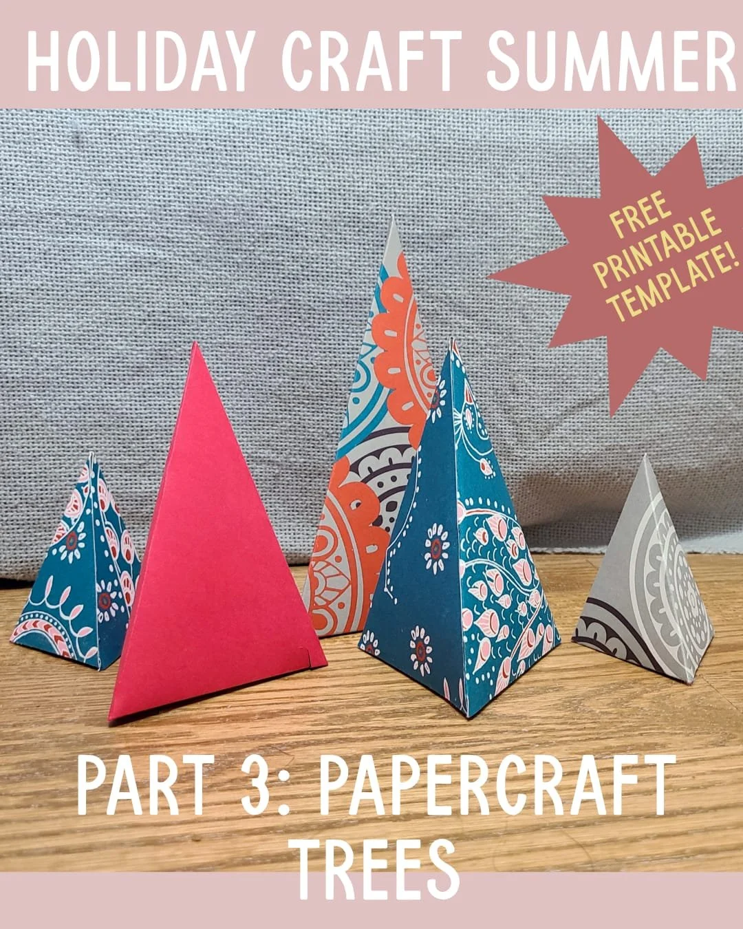 We conclude Holiday Craft Summer with a cheap and easy papercraft! These minimalist trees can be made from any stiff paper, cardstock, or even wallpaper samples in whatever color or pattern you desire for your holiday decor! I made these years ago an