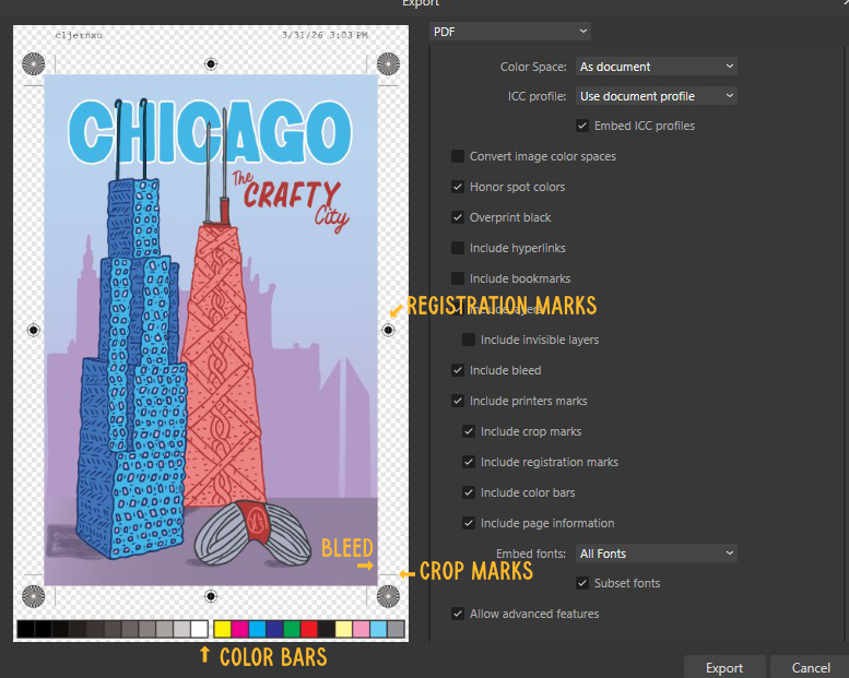 Screenshot of a PDF export screen from Affinity with printers mark options included and labeled.