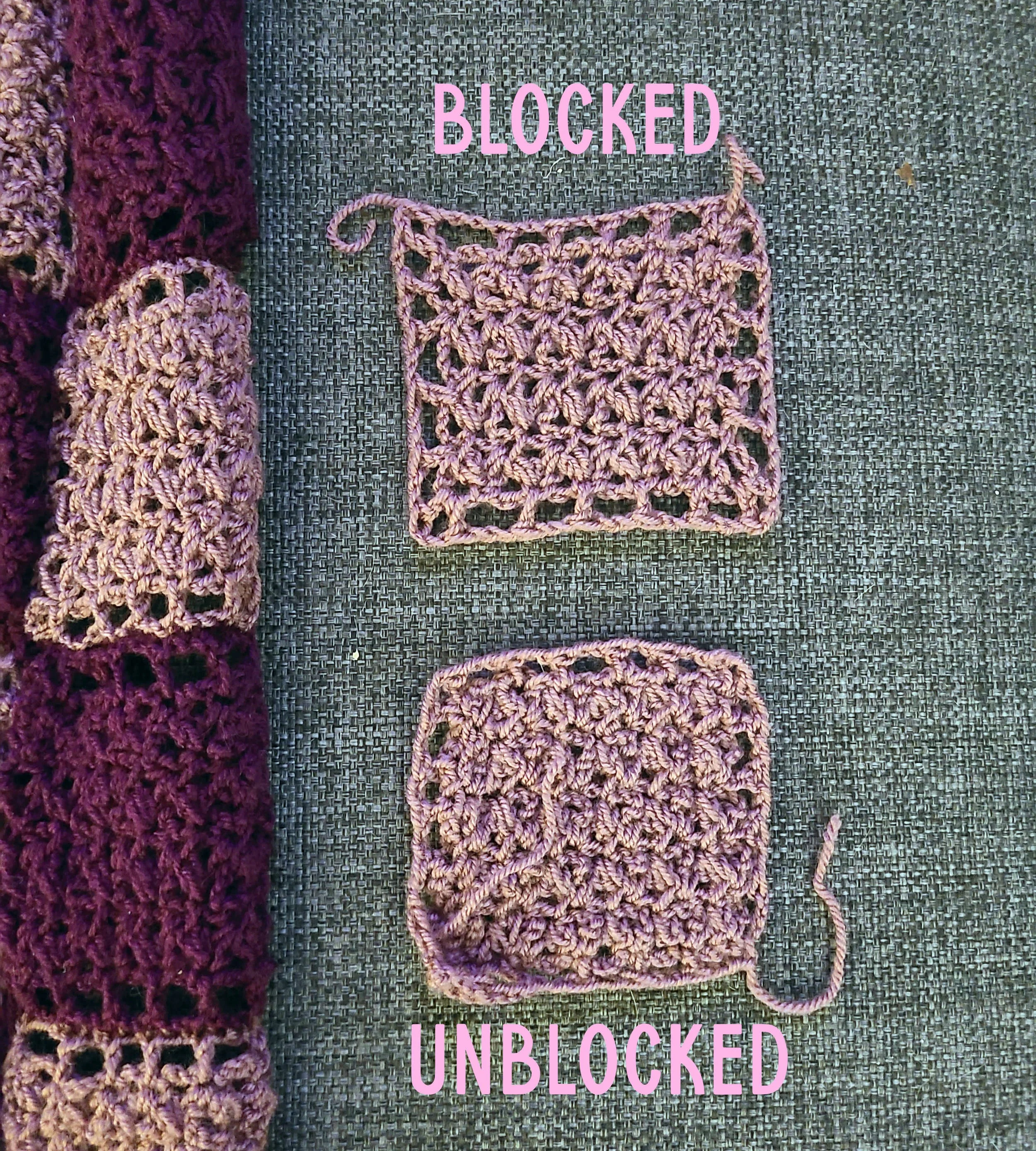 photo of two light purple crochet squares on a gray background. the top square is labeled "blocked" and is a fairly straight edge square. The bottom square is labeled "unblocked" and is a compressed rounded shape.