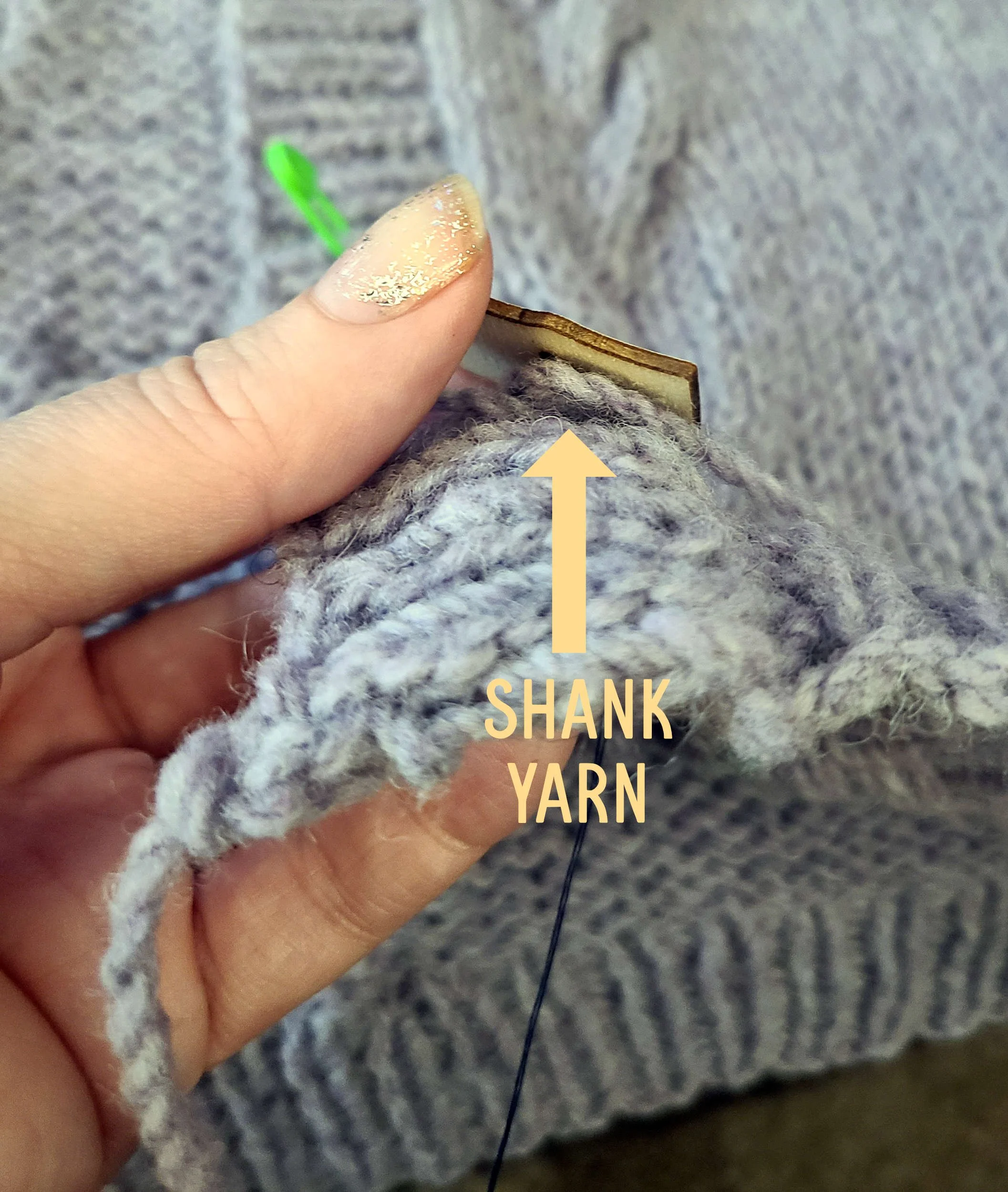 Photo of a button being sewn to a knit cardigan, the button is angled to show extra yarn wrapped around the underside of the button, labeled "shank yarn."