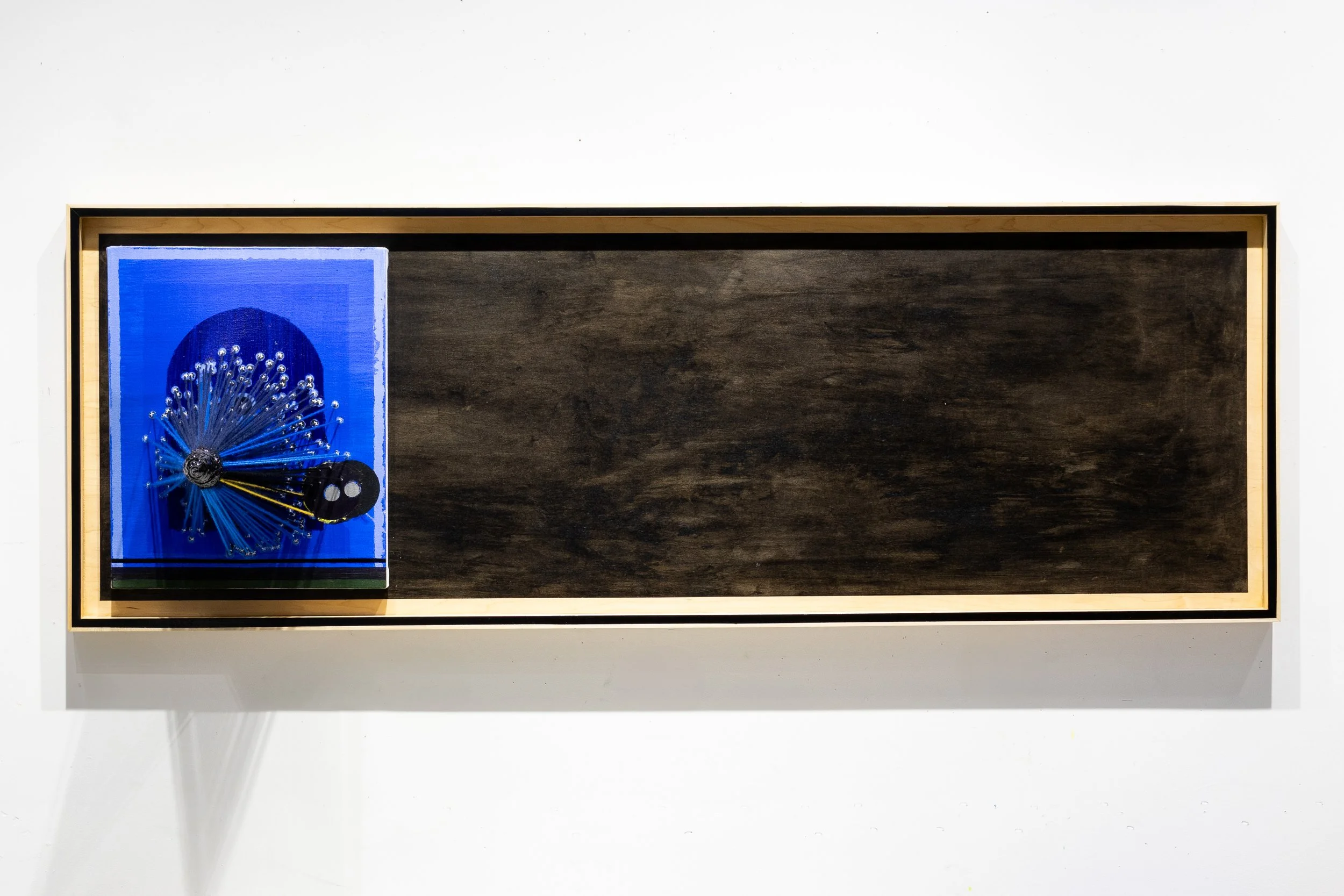 Sunday, September 6, 1953, 7:27 pm (Liquidation) | 2024 | Acrylic, spray-paint, and enamel on canvas with acrylic yarn and artist-made frame | 25 x 71.5 x 27 inches