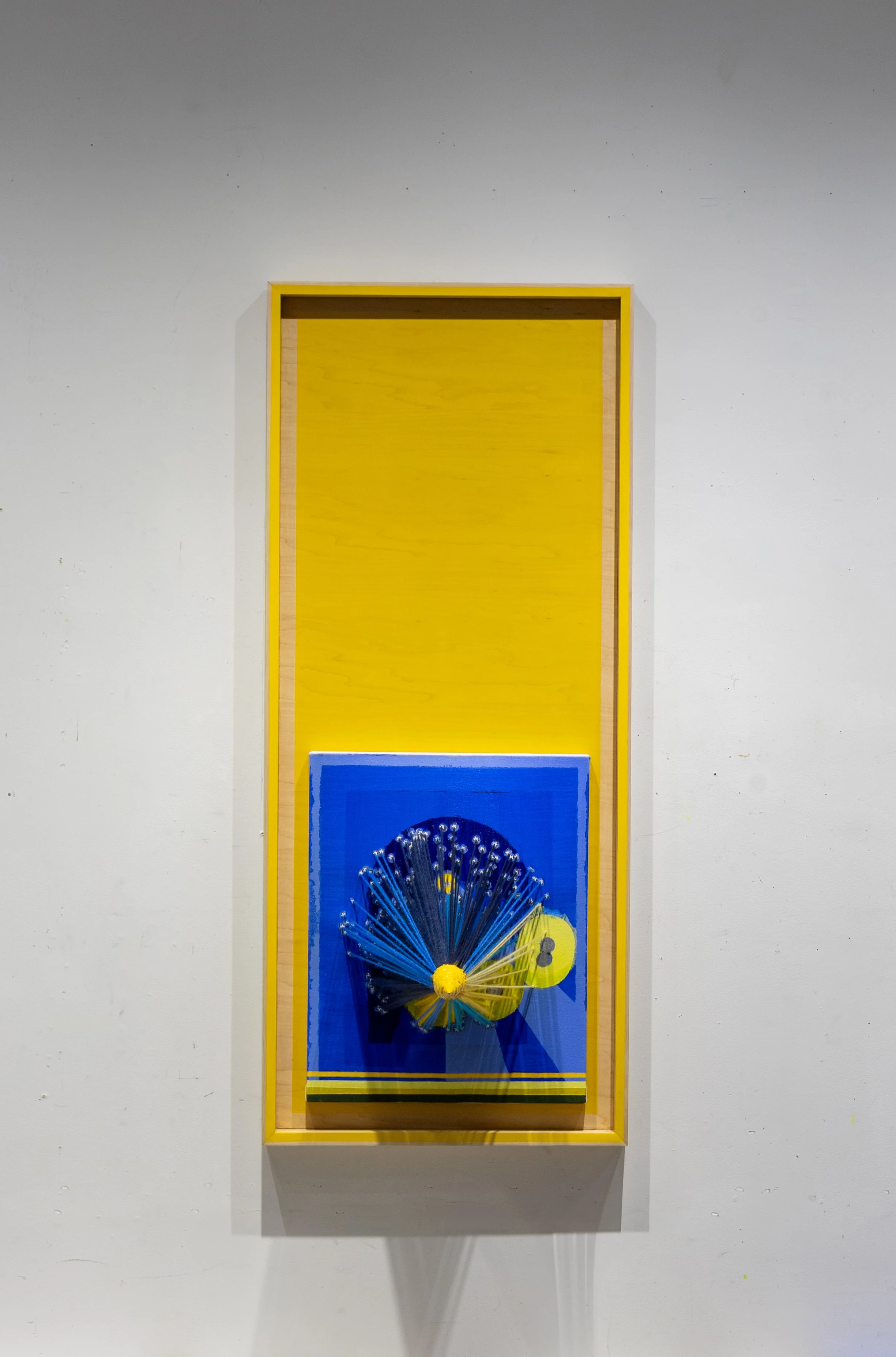 Wednesday, September 6, 1871, 6:31 pm (Destruction) | 2024 | Acrylic, spray-paint, and enamel on canvas with acrylic yarn and artist-made frame | 49.5 x 21 x 26 inches