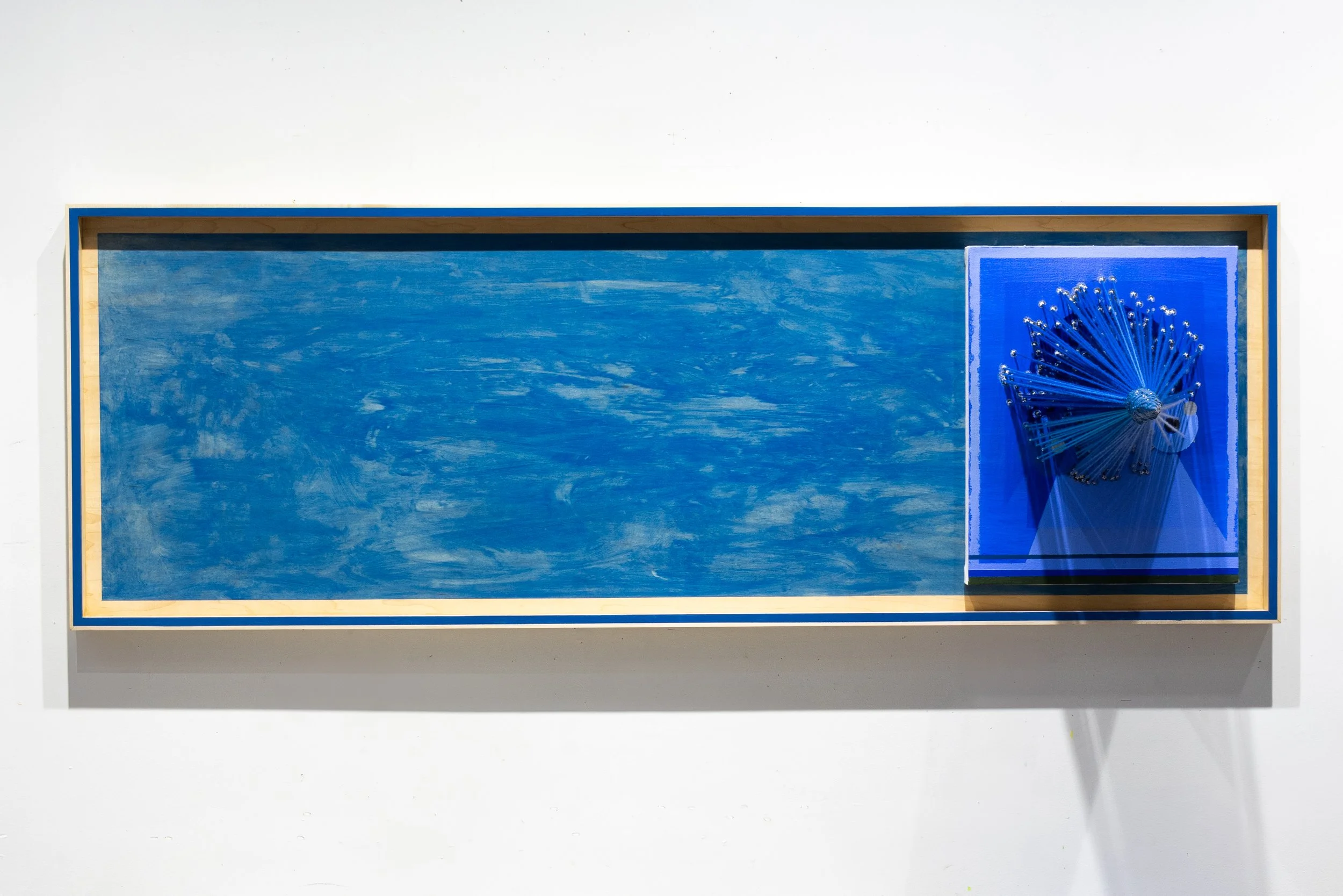 Friday, September 6, 2024, 7:26 pm (Reception) | 2024 | Acrylic, spray-paint, and enamel on canvas with acrylic yarn and artist-made frame | 25 x 71.5 x 26 inches