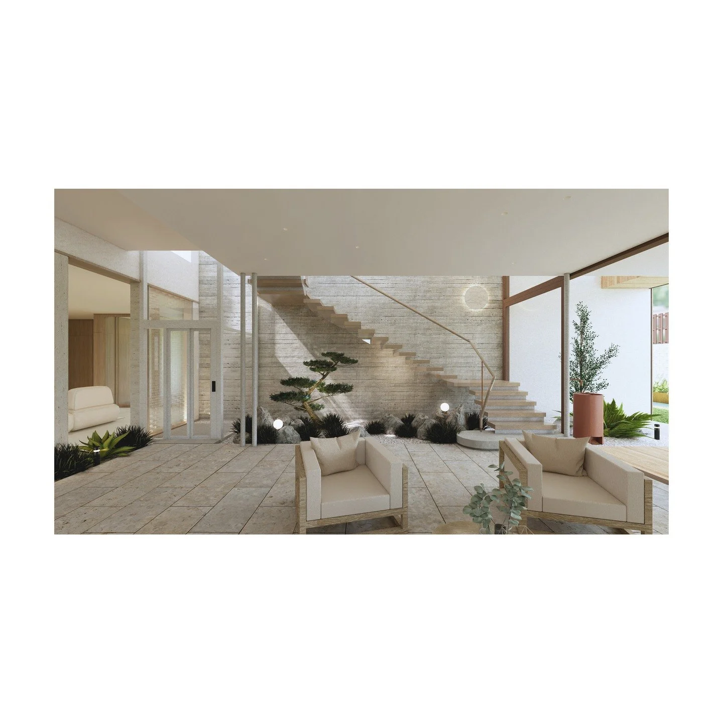 .
-- 𝗙𝗮𝗺𝗶𝗹𝘆 𝗦𝗾𝘂𝗮𝗿𝗲 --

The heart of the home &mdash; a garden living space that draws the outdoors in 🌿

In this space, simplicity takes centre stage through honest materials and quiet form. Limestone flooring grounds the space, while a 