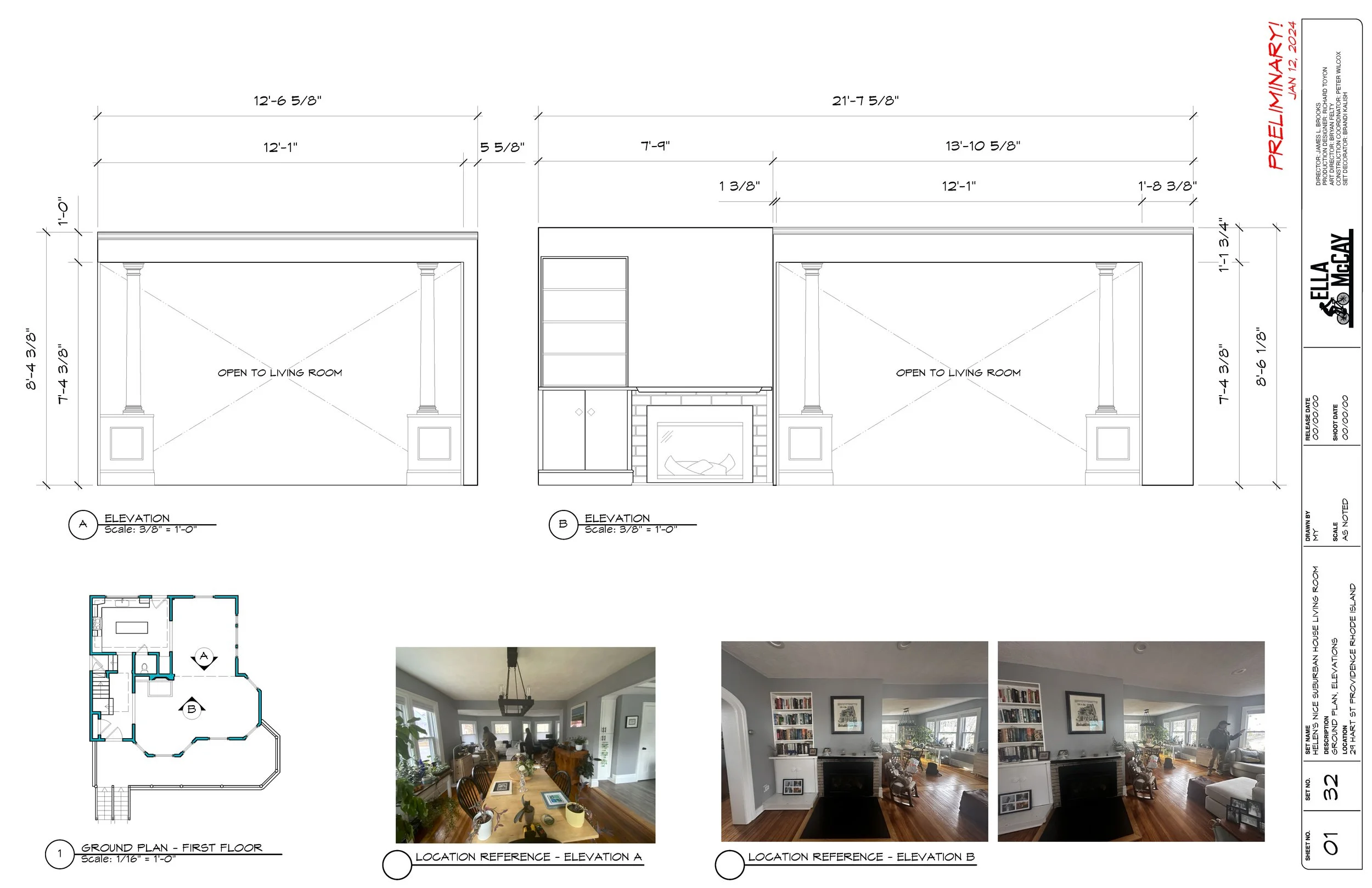 Survey of existing conditions of Ella's family home seen in the funeral scene. The addition of the columns to the space had been floated, but ended up being scrapped.