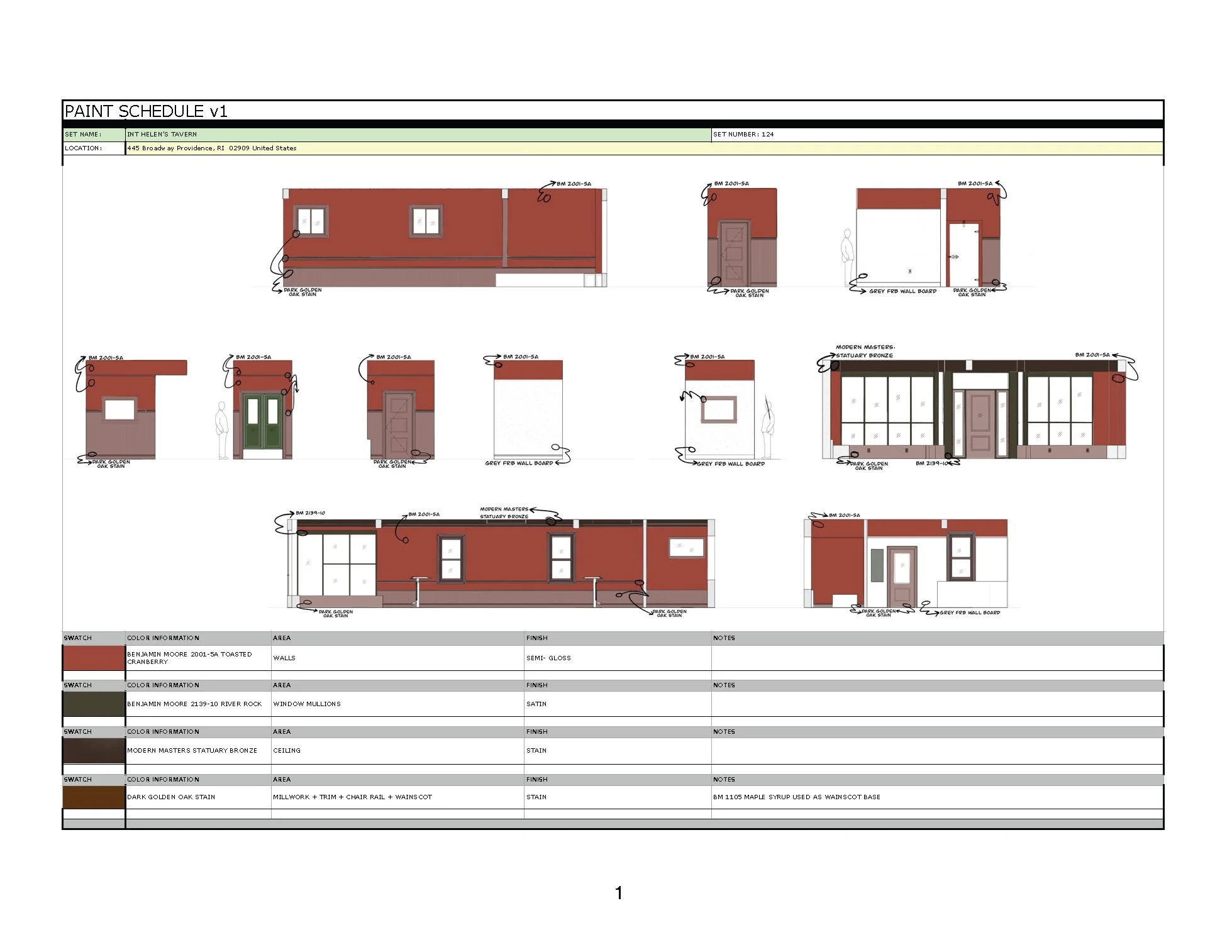 1/2 Paint elevations and tracking for Helen's bar. I created the tracking paperwork + renderings. These elevations + Matterport of the space were handed off to the Art Director for reshoots in New Orleans. 