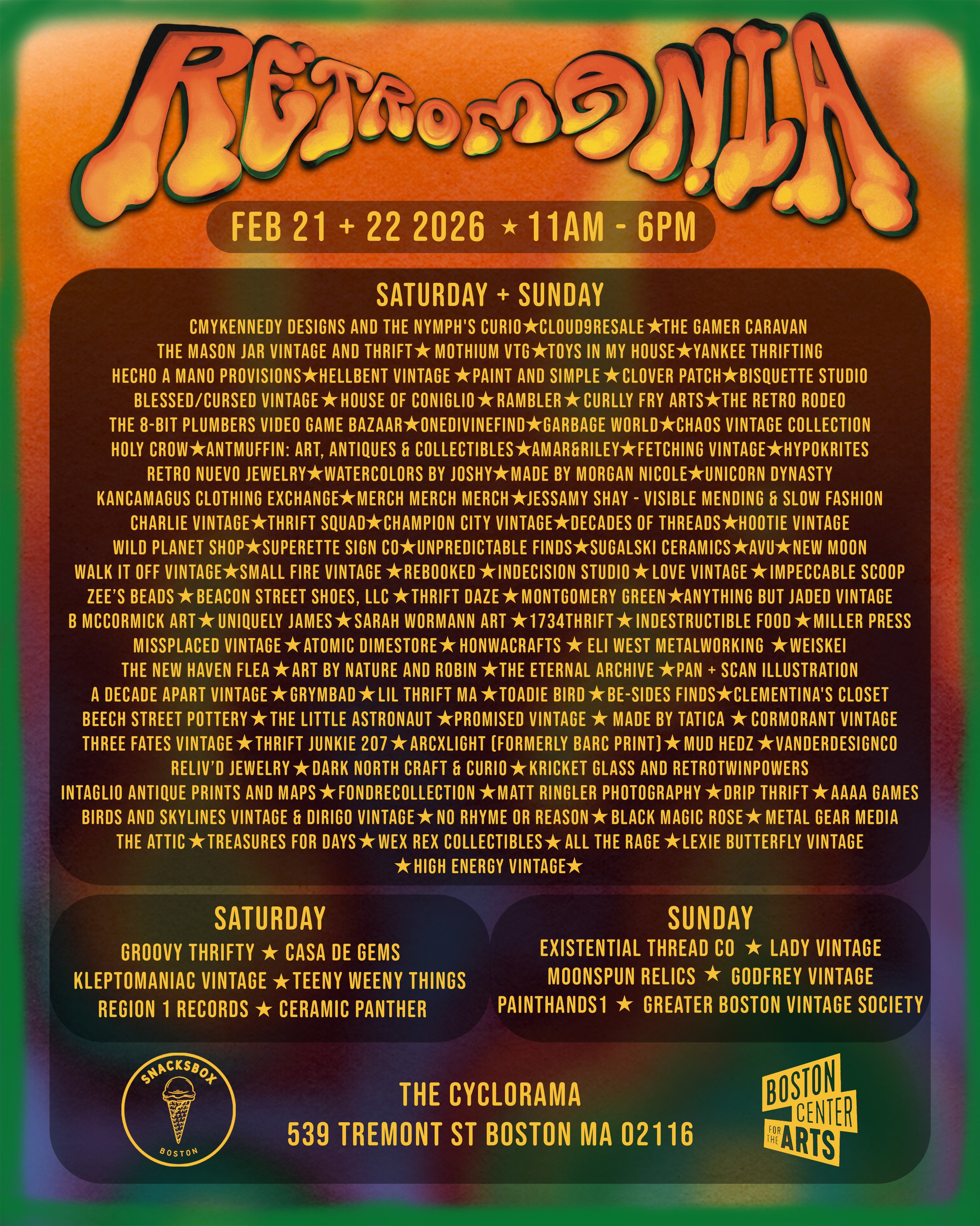 Vendor line up graphic for social media, Retromania Logo by Emily Perelman