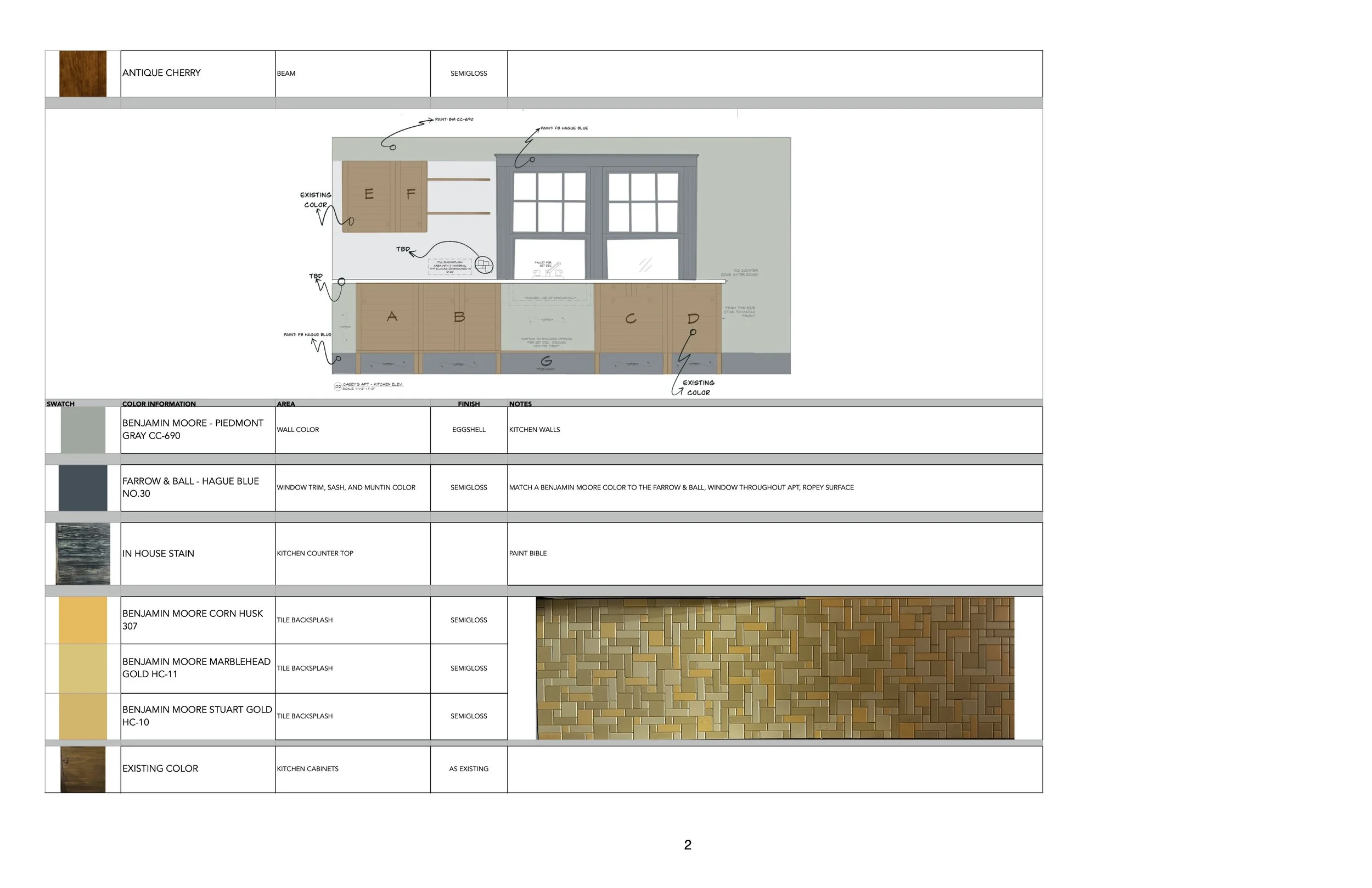 2/7 Casey's Apartment paint, stain, and tile elevations. These elevations + Matterport of the space were handed off to the Art Director for reshoots in New Orleans. 