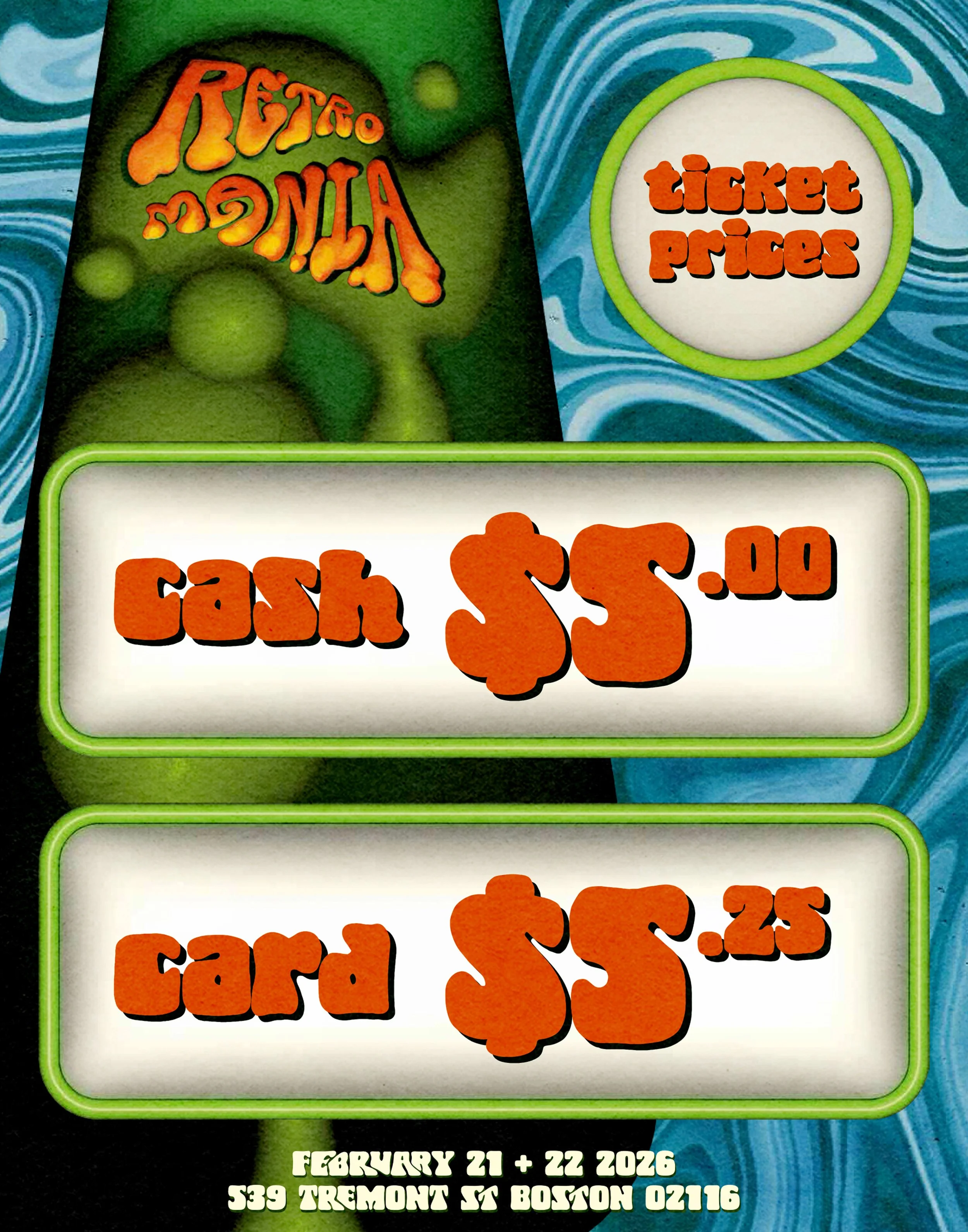 Pricing graphic for show + social media, Retromania Logo by Emily Perelman