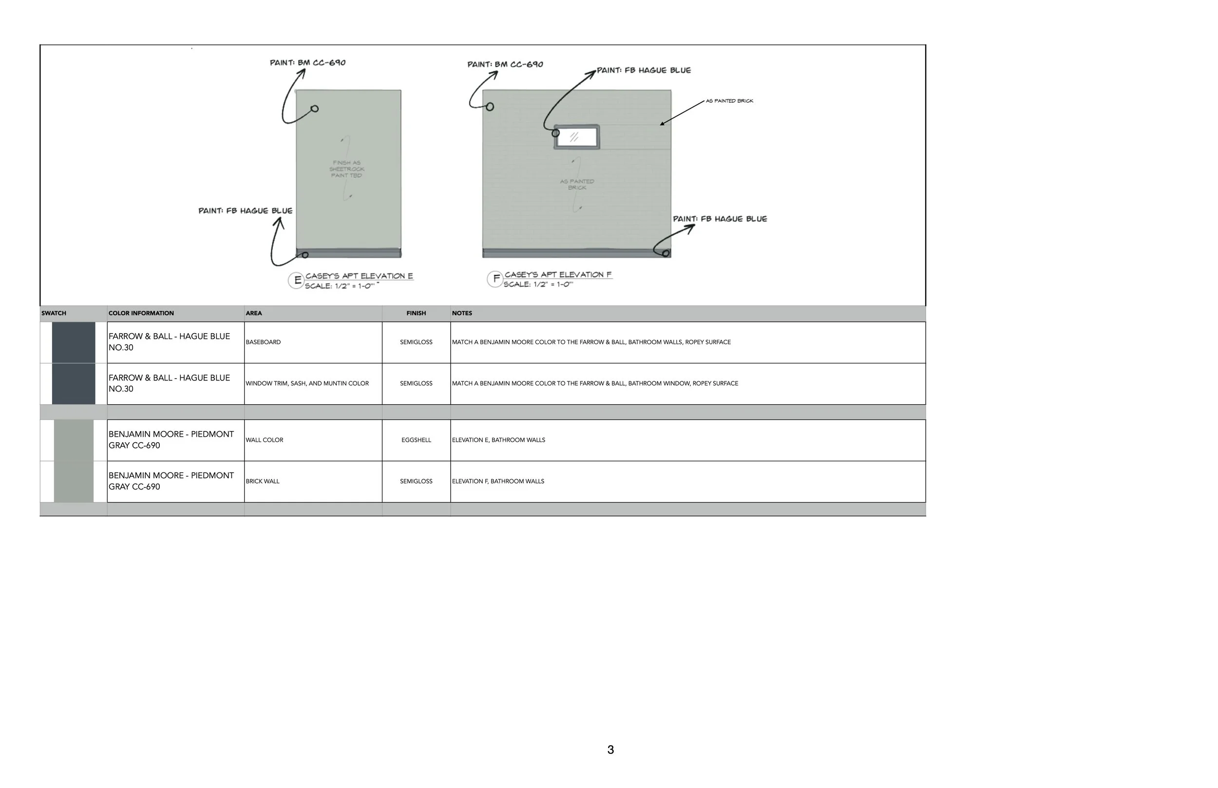 3/7 Casey's Apartment paint, stain, and tile elevations. These elevations + Matterport of the space were handed off to the Art Director for reshoots in New Orleans. 