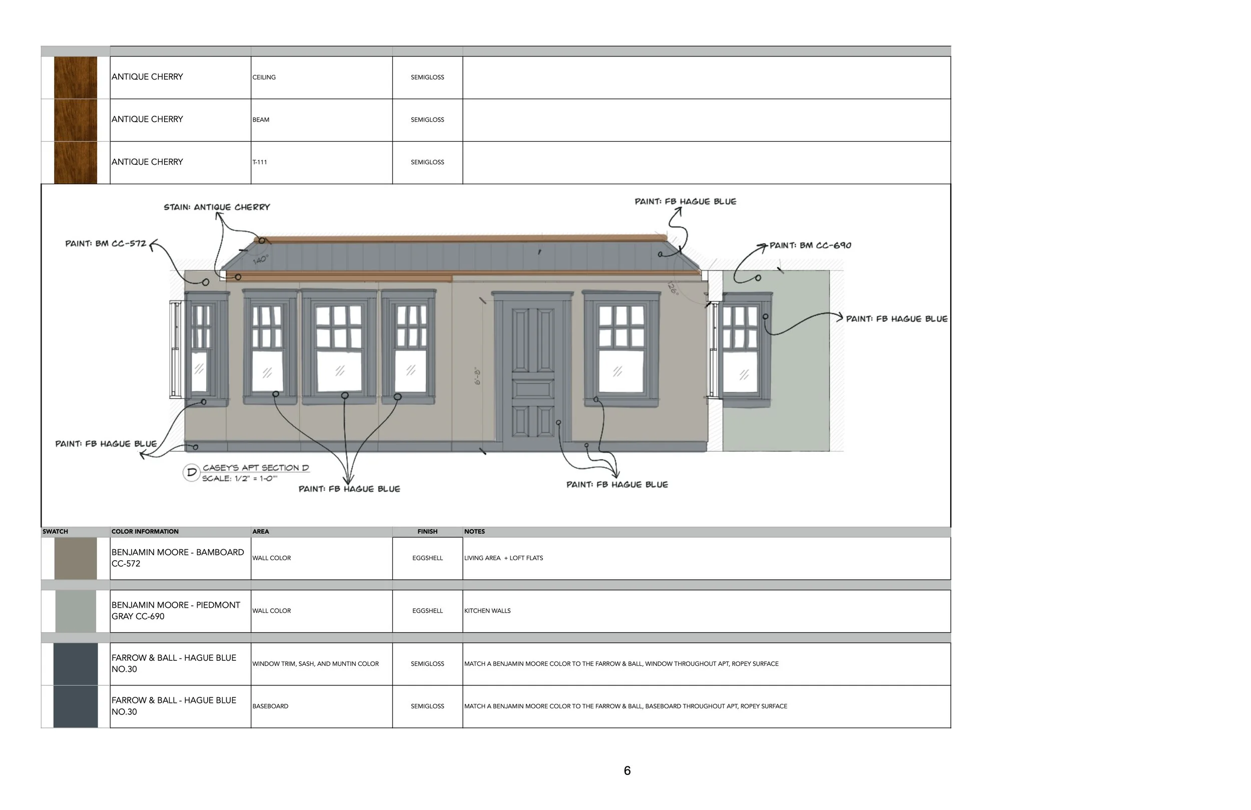 6/7 Casey's Apartment paint, stain, and tile elevations. These elevations + Matterport of the space were handed off to the Art Director for reshoots in New Orleans. 