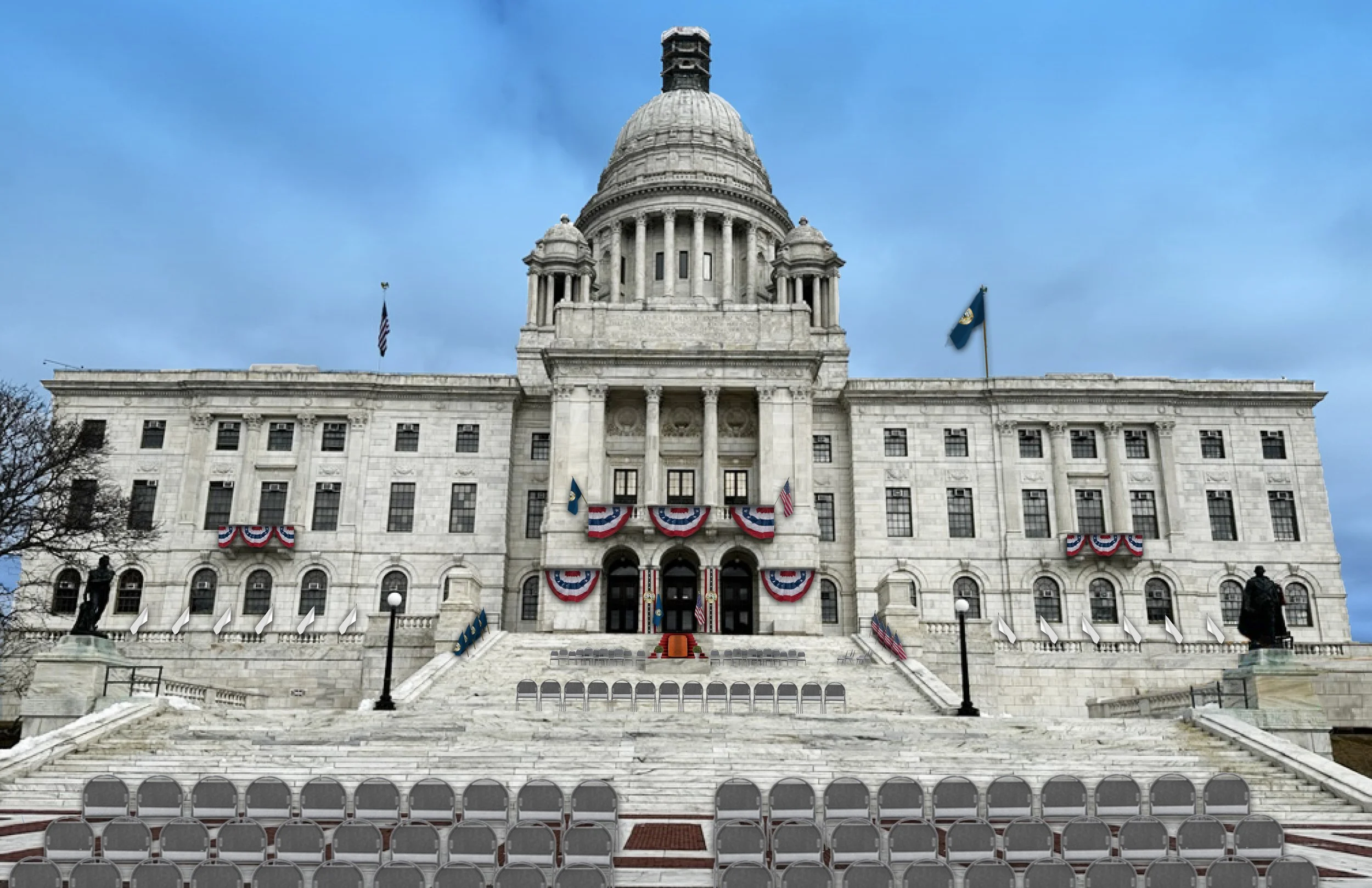 Mock up made for Ella's Inauguration day. We played around with different bunting shapes, sizes, and quantities before landing on the final image above.