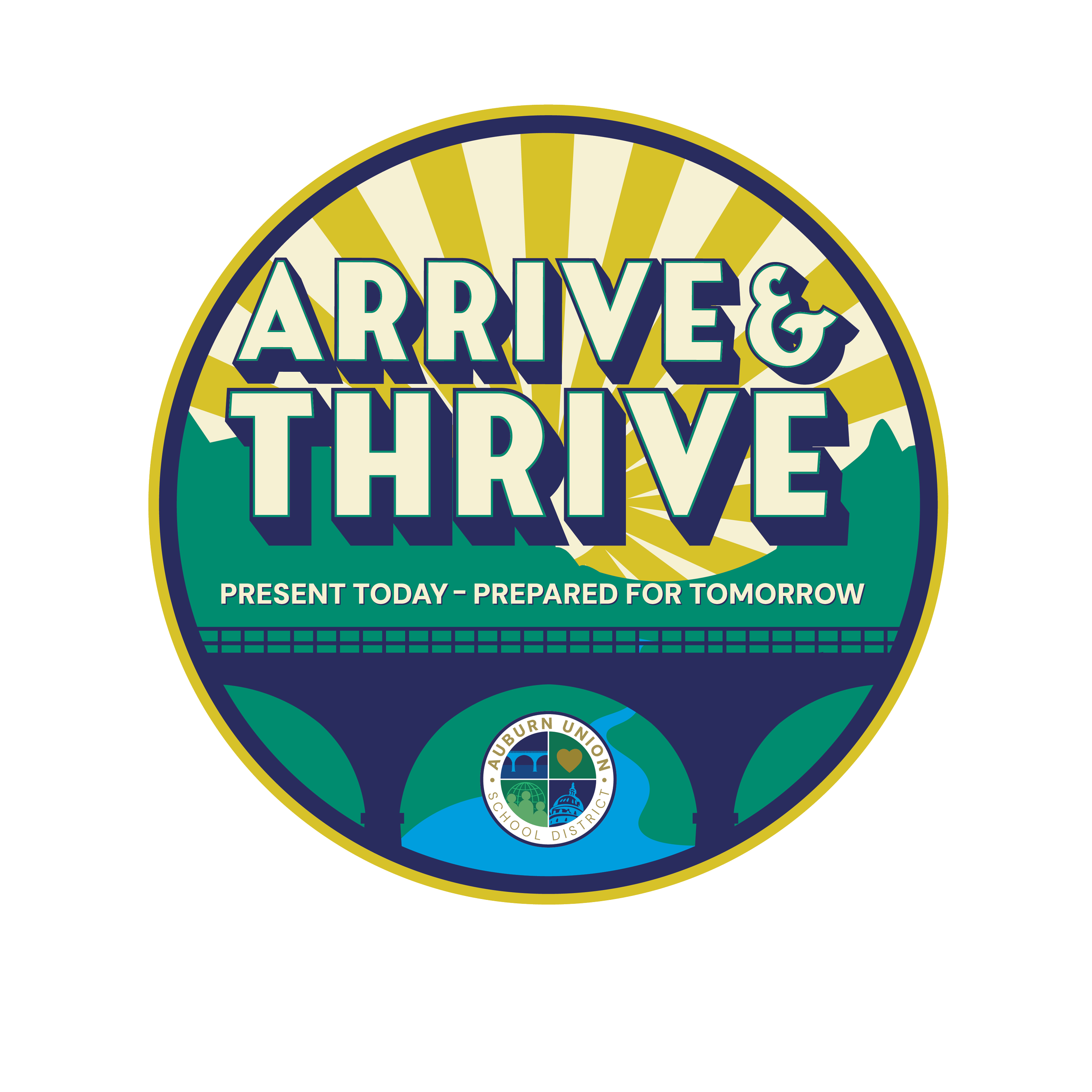 The Arrive & Thrive logo was created for the attendance campaign. They wanted to keep the same colors as the existing logo. The design is centered around the slogan + bridge, based on the No Hands Bridge in Auburn. It is a recognized and loved symbol