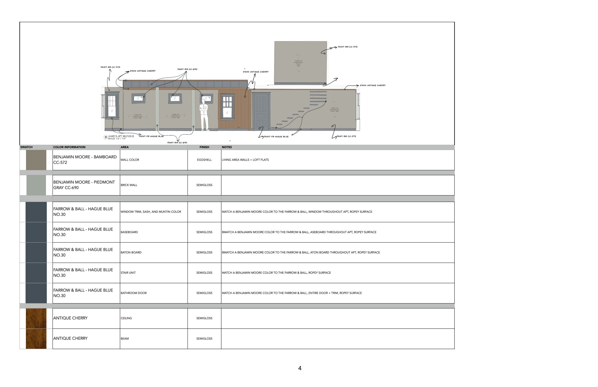 4/7 Casey's Apartment paint, stain, and tile elevations. These elevations + Matterport of the space were handed off to the Art Director for reshoots in New Orleans. 