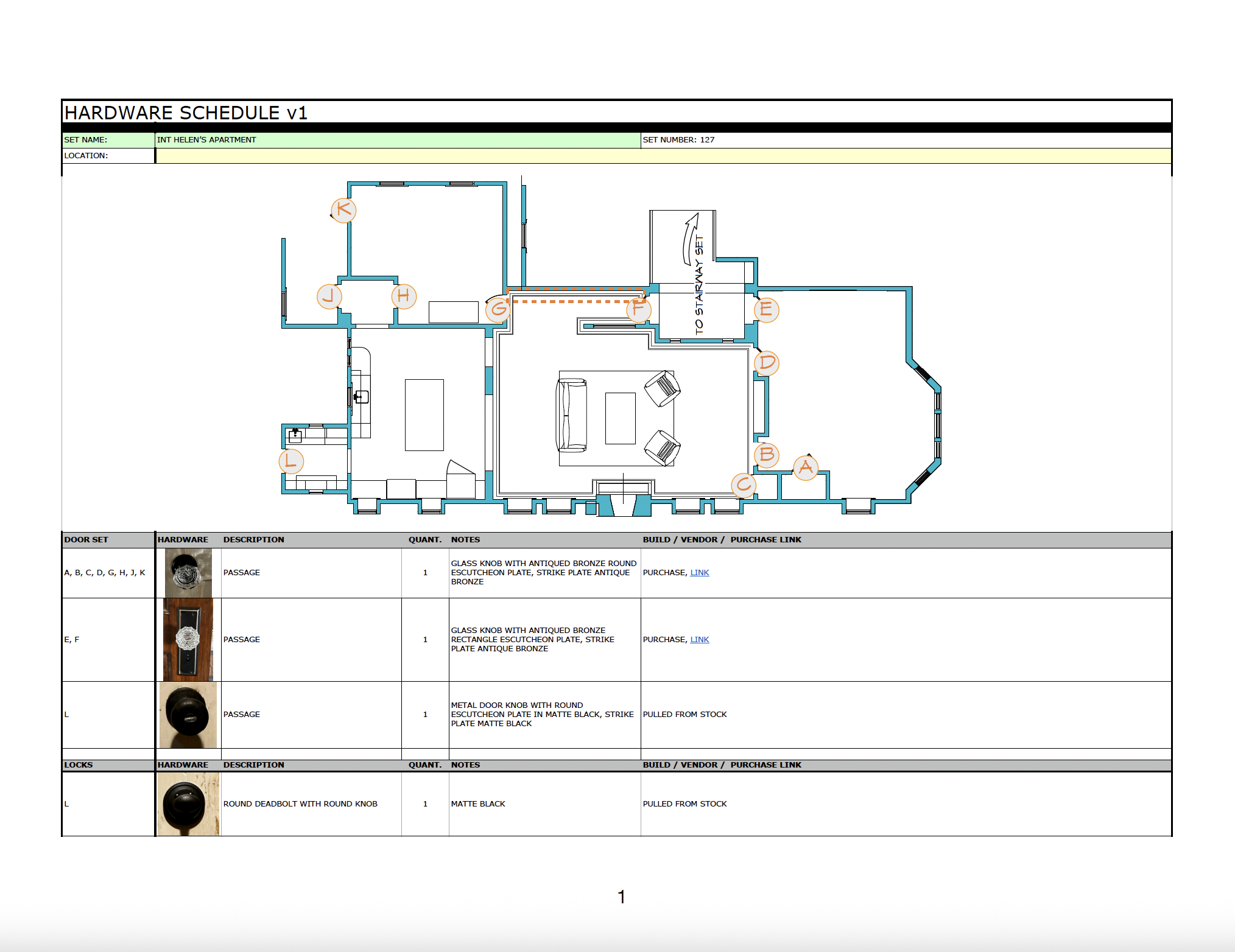 1/4 Hardware schedule for Aunt Helen's (Jamie Lee Curtis) Apartment + Stairwell. While the apartment made it into the film, the stairwell did not.