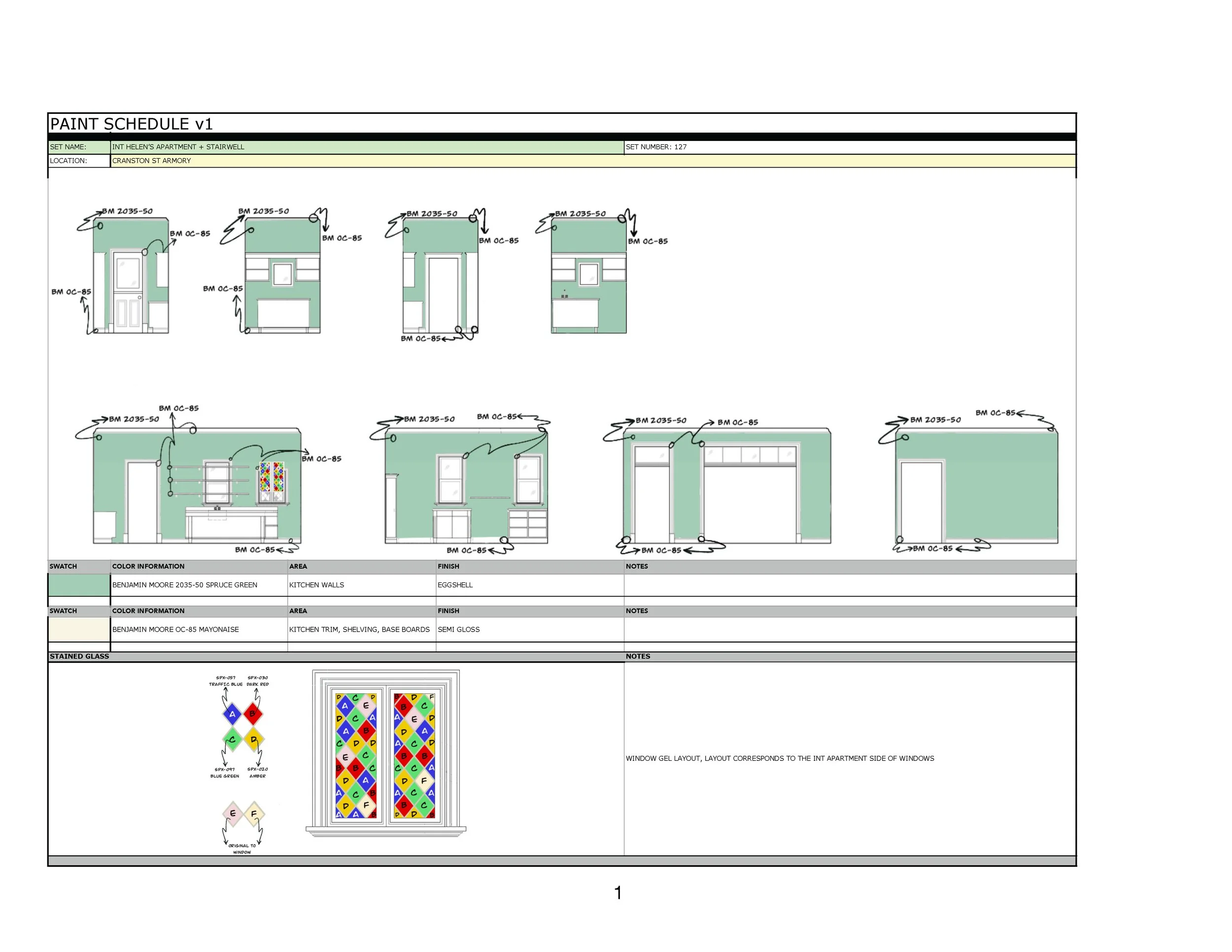 1/9 Helen's Apartment + Stairwell paint, wallpaper, and stained glass elevations. These elevations + Matterport of the space were handed off to the Art Director for reshoots in New Orleans. 