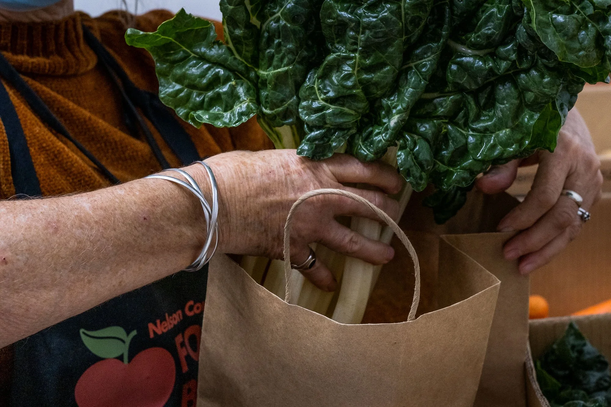 Person placing fresh kale leaves into paper grocery bag at market.
