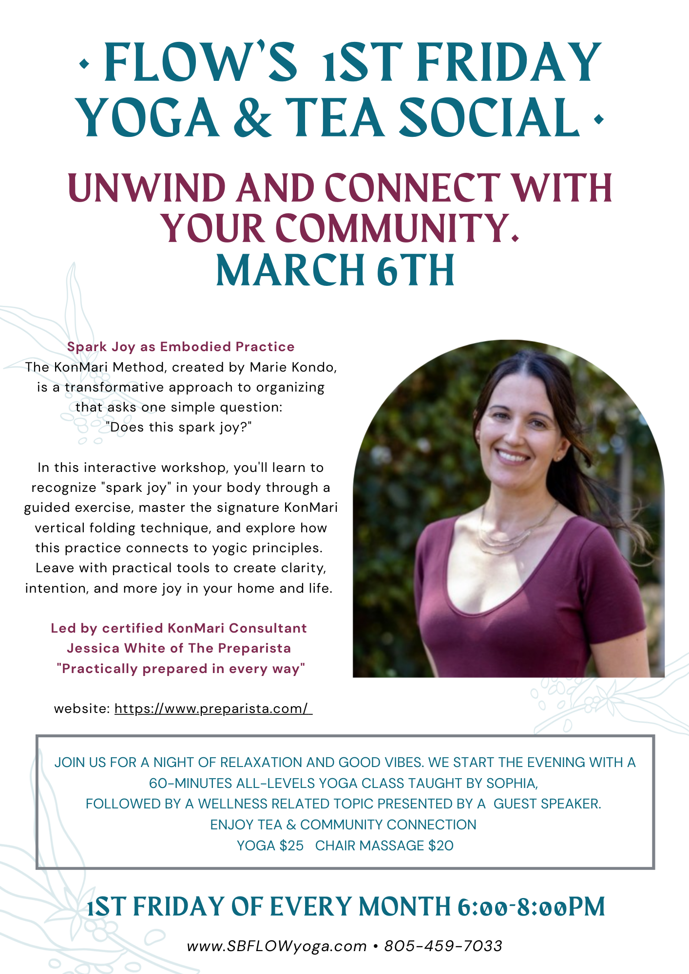 Flow's 1st Friday Yoga & Tea Social- Special Guest, Jessica White, The Preparista