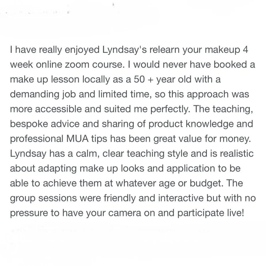 A handwritten note praising Lyndsay's online makeup course for being accessible, well-taught, and value-packed, especially suited for older adults with busy schedules.