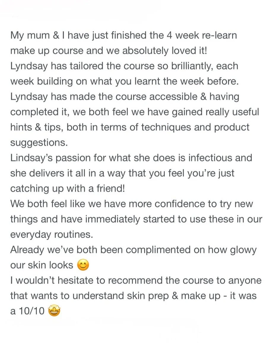A written testimonial about a makeup course, praising the instructor Lyndsay and sharing personal positive experiences.