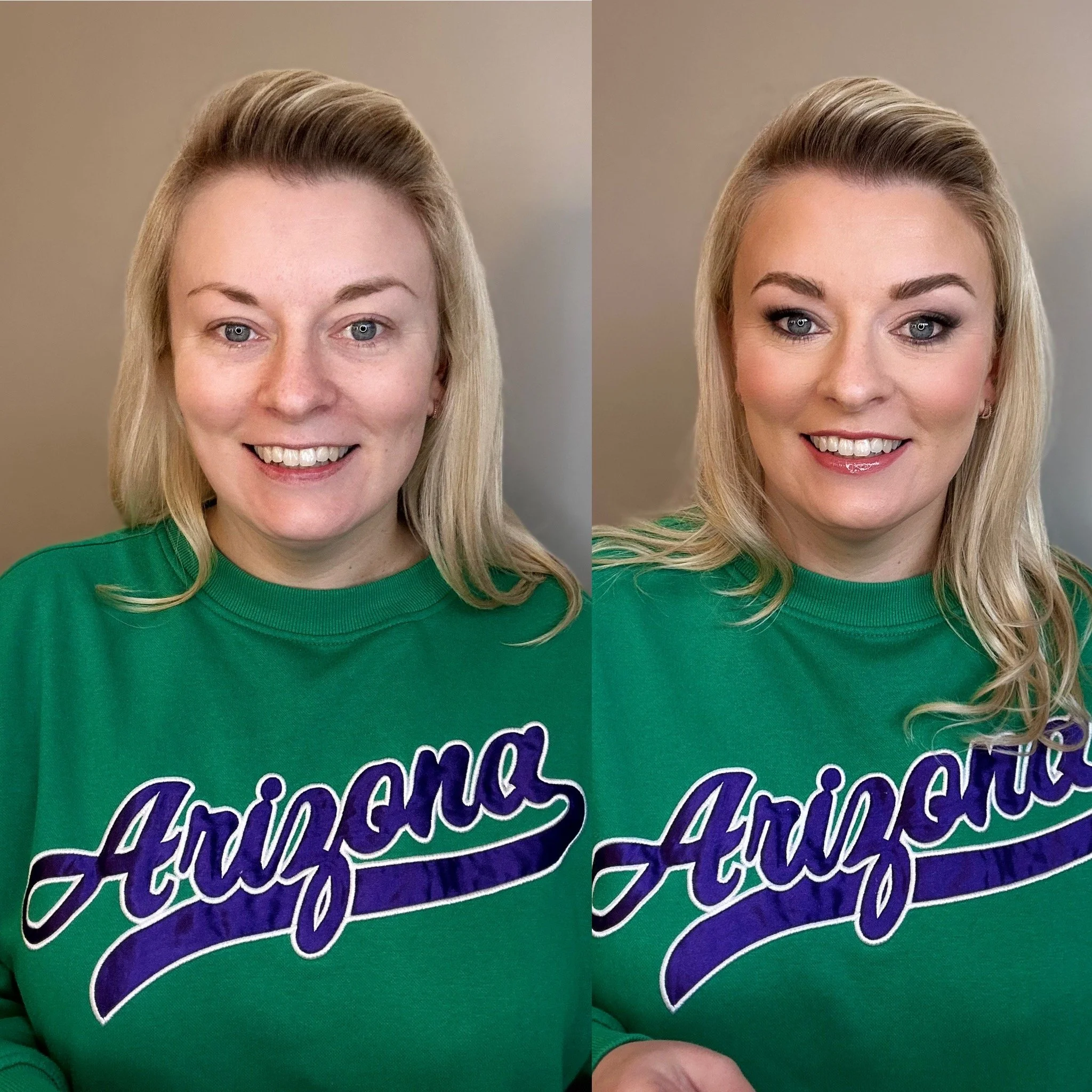 Comparison of a woman before and after makeup application. She is wearing a green sweatshirt with the word 'Arizona' on it.